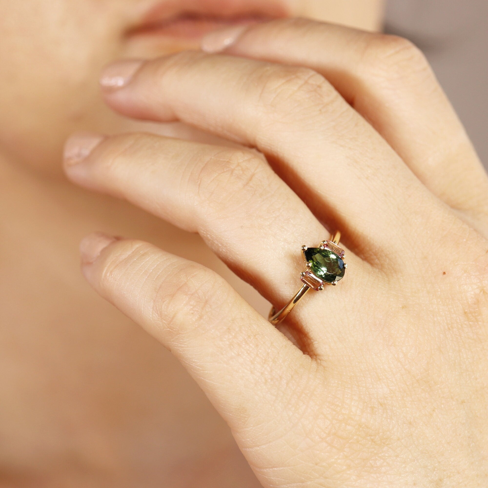 Pear Green Tourmaline Engagement Ring, Three Stone Ring