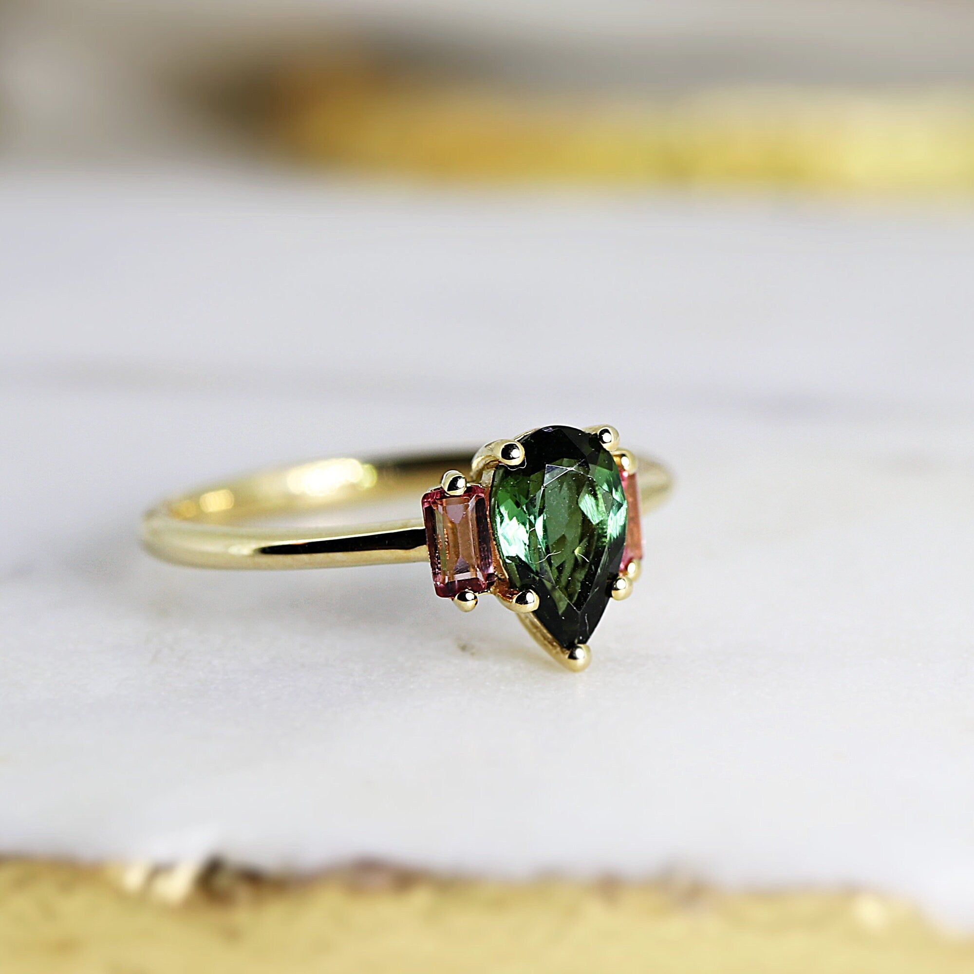 Pear Green Tourmaline Engagement Ring, Three Stone Ring