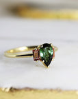 Pear Green Tourmaline Engagement Ring, Three Stone Ring