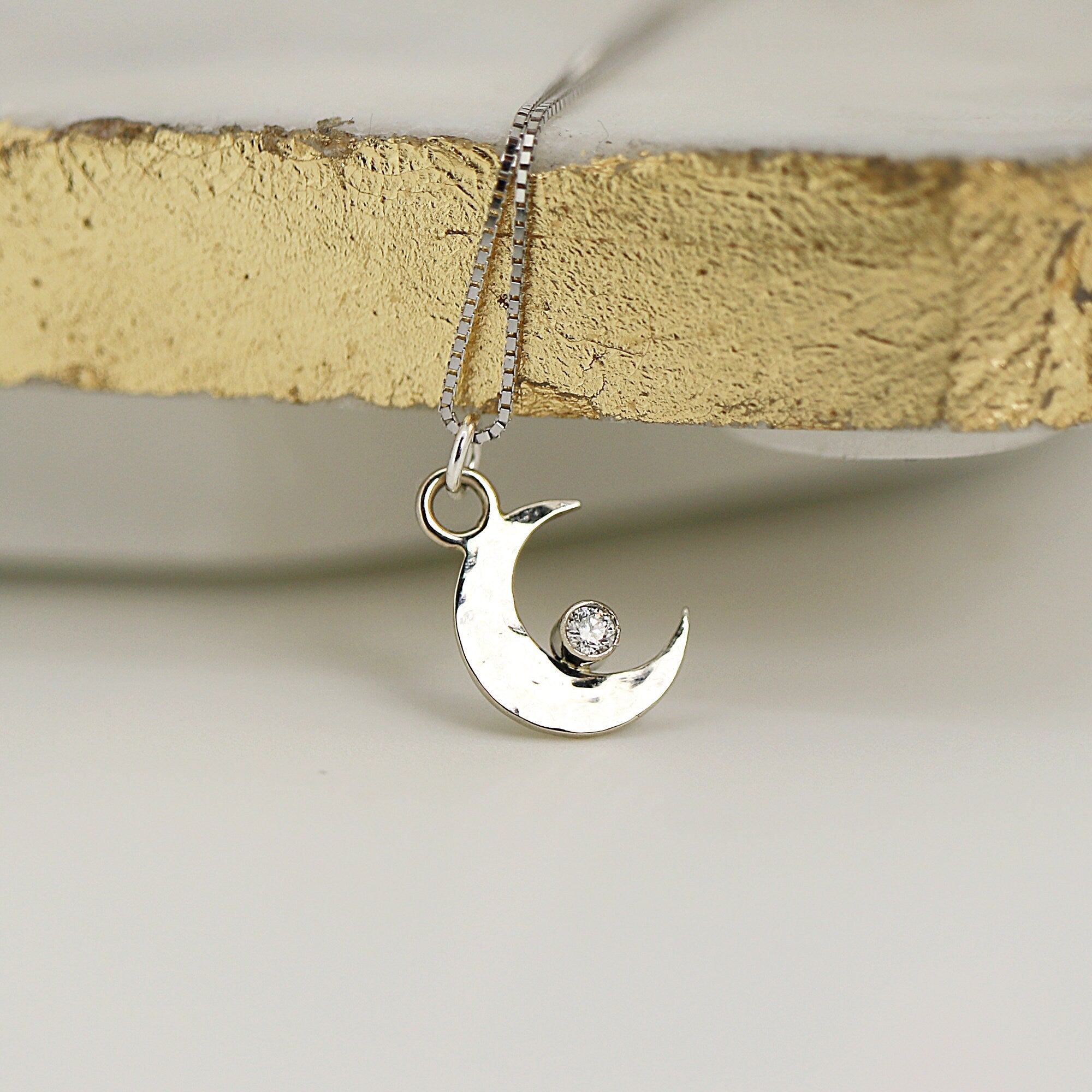 Moon with Diamond Necklace, 14k Solid Gold Moon Choker