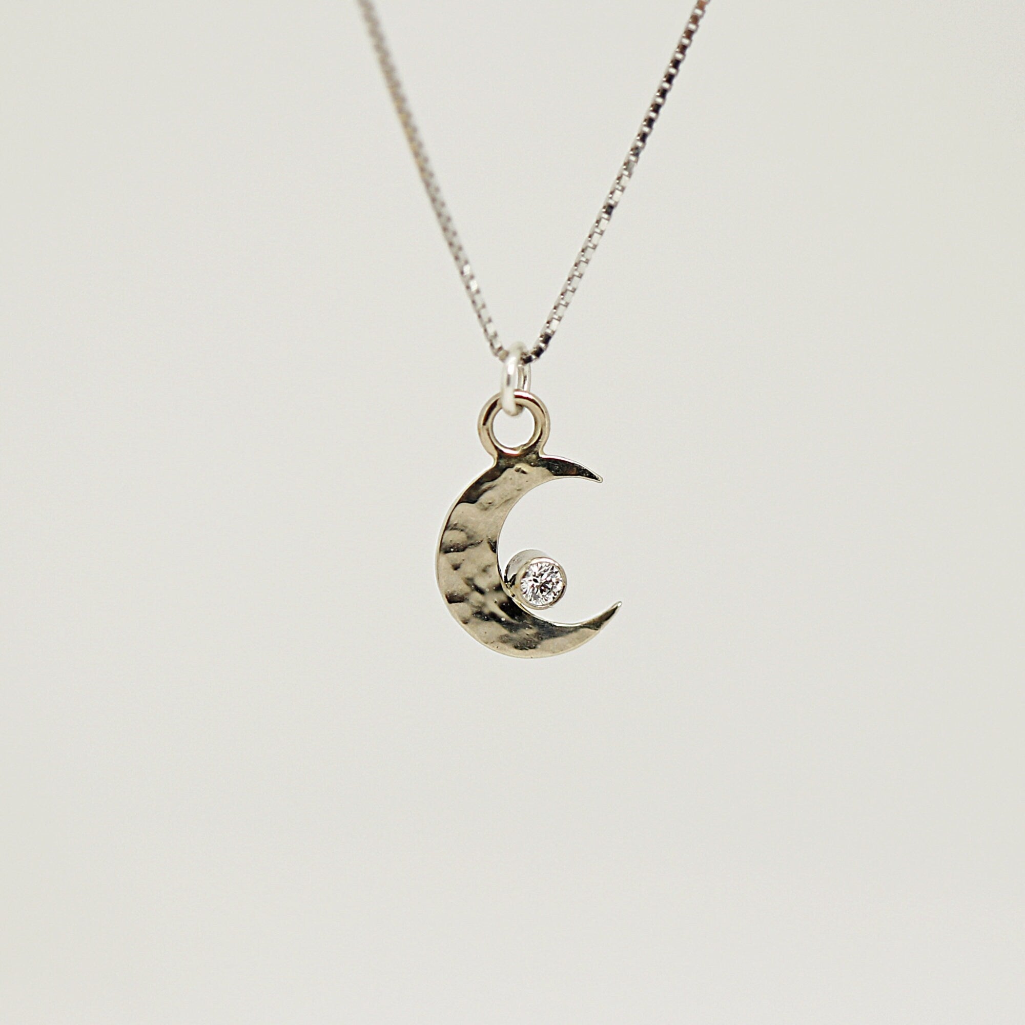 14k White Gold Diamond Crescent Moon Necklace – Hammered Celestial Pendant - Melt'm Jewelry