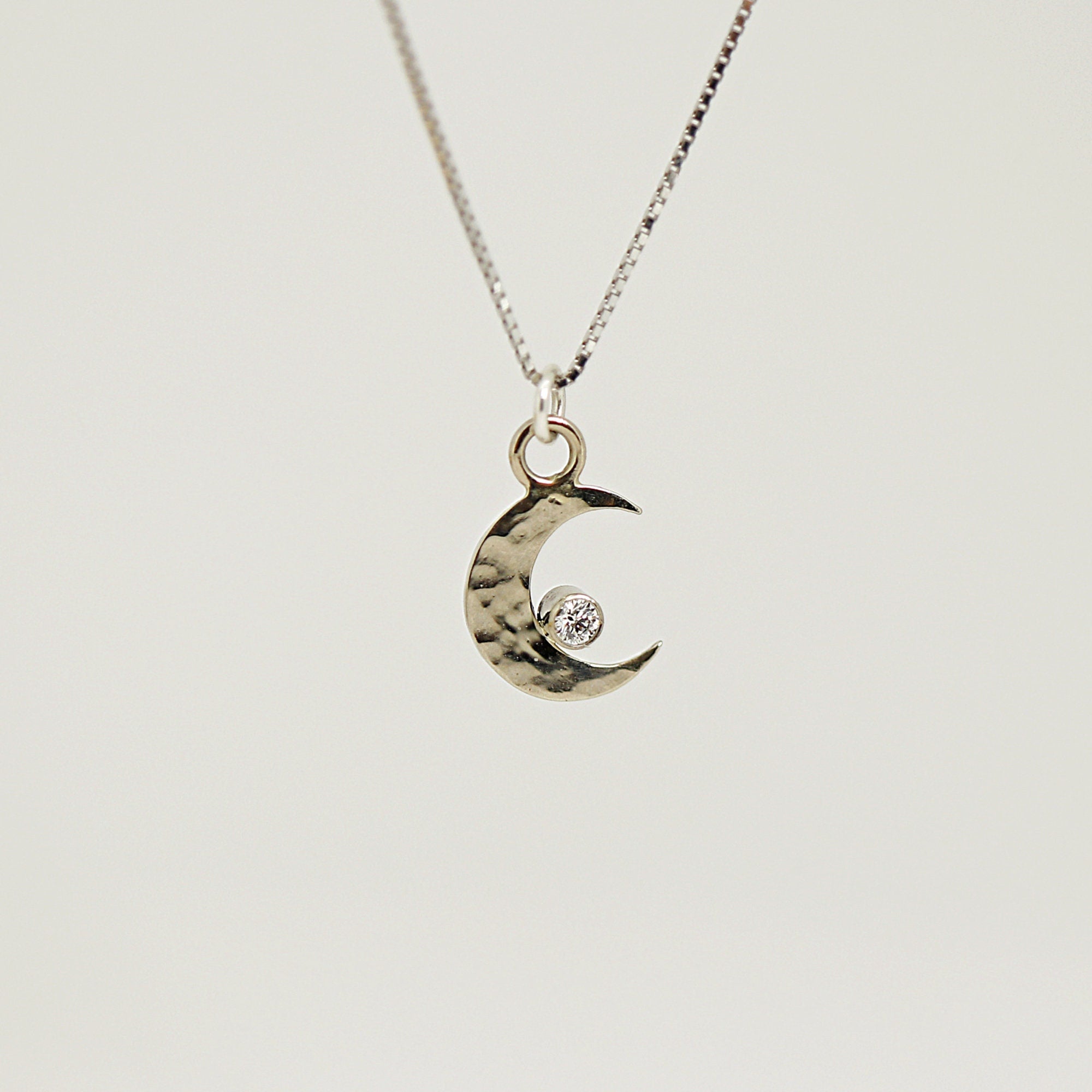 14k White Gold Diamond Crescent Moon Necklace – Hammered Celestial Pendant - Melt'm Jewelry