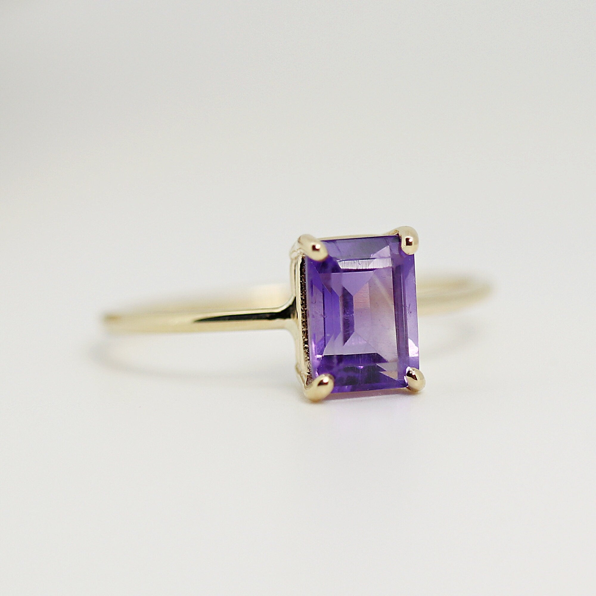 14k Gold Emerald Cut Amethyst Ring, Amethyst Engagement Ring