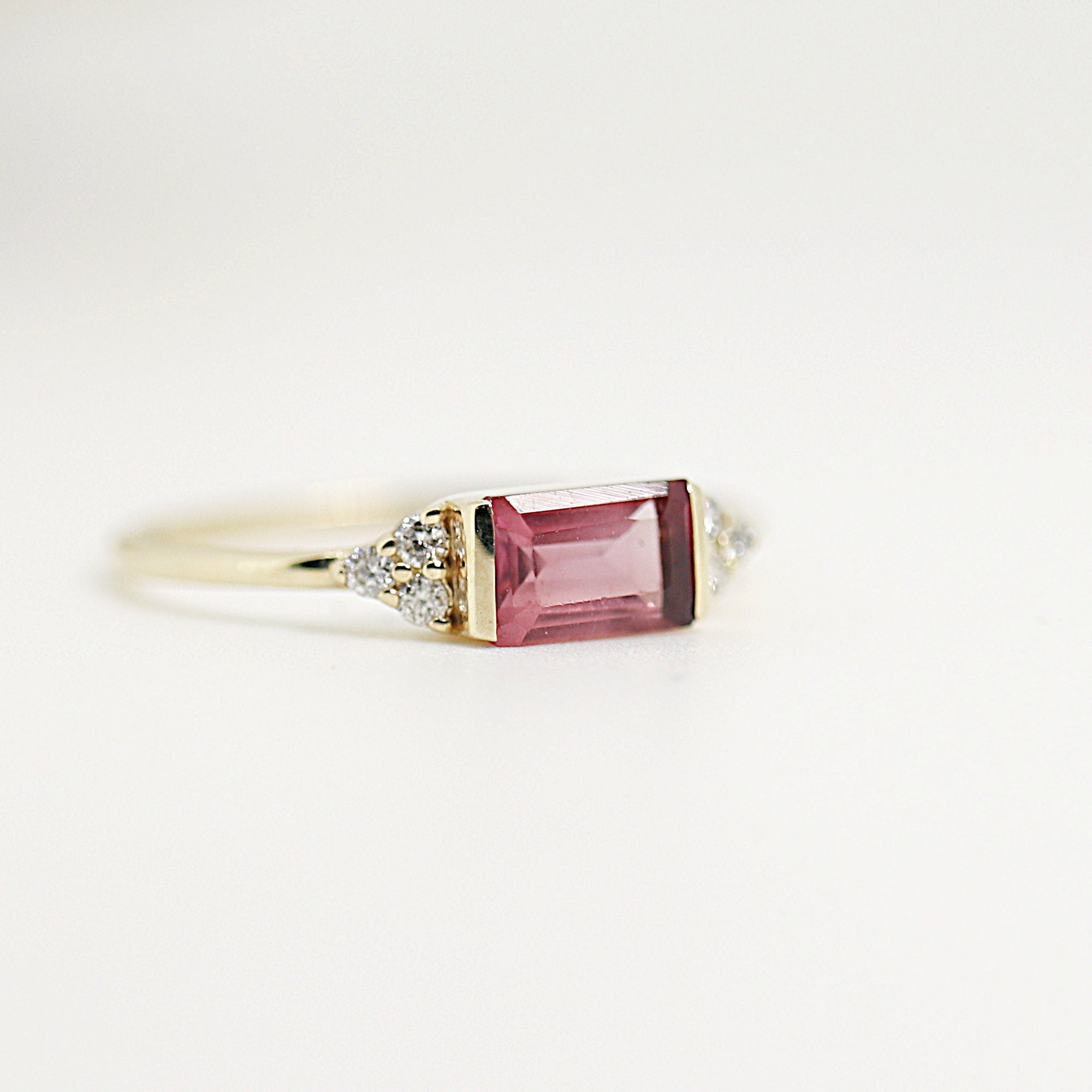 Baguette Pink Tourmaline &amp; Diamond Art Deco Ring - Melt'm Jewelry