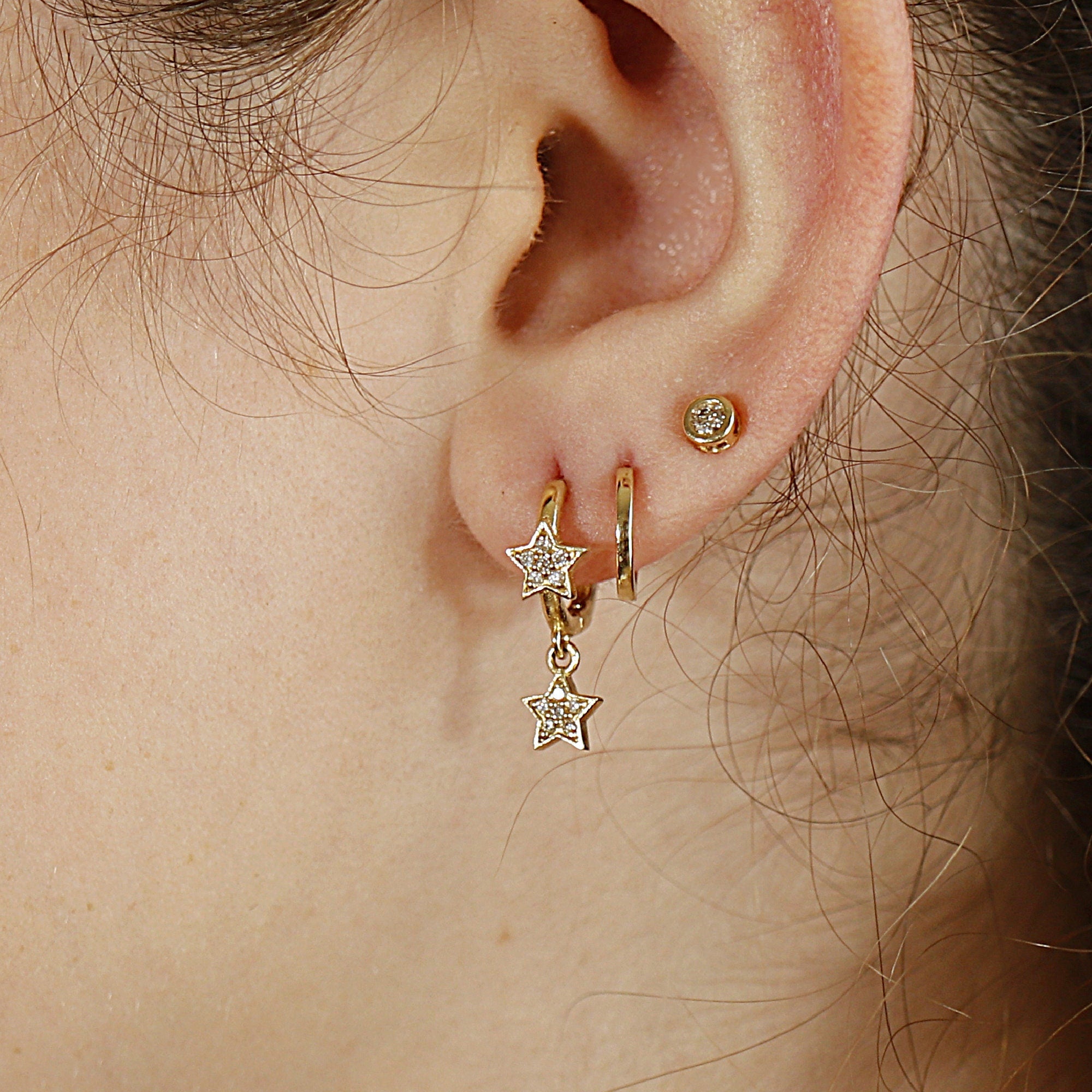 Diamond Star Huggie Hoops, Dangling Star Hoop Earrings,