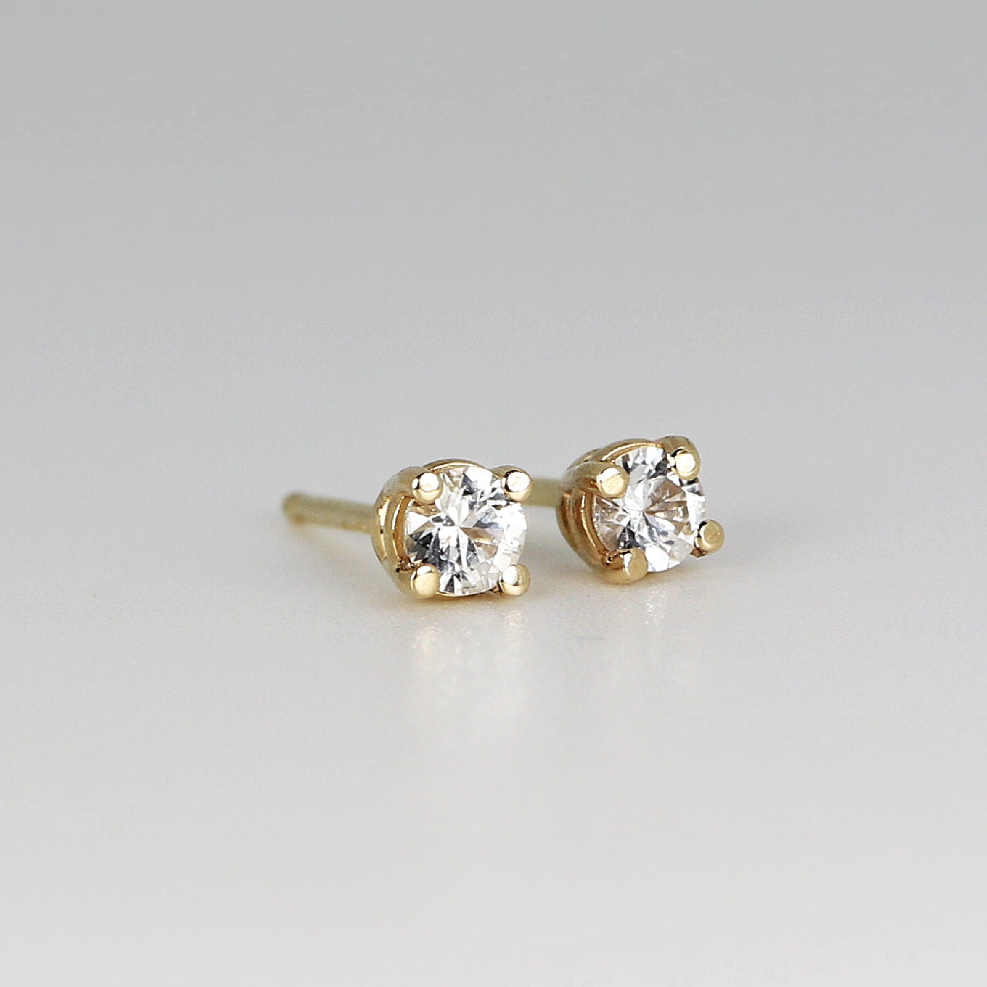 14k Gold White Sapphire Earrings, Minimalist Earrings, White Sapphire Bridal Earrings - Melt'm Jewelry