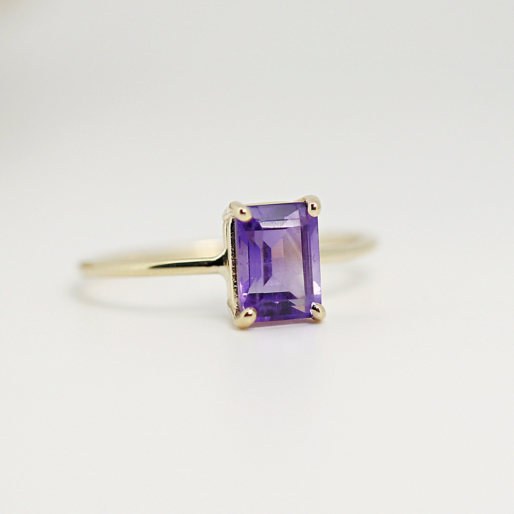 14k Gold Emerald Cut Amethyst Ring, Amethyst Engagement Ring