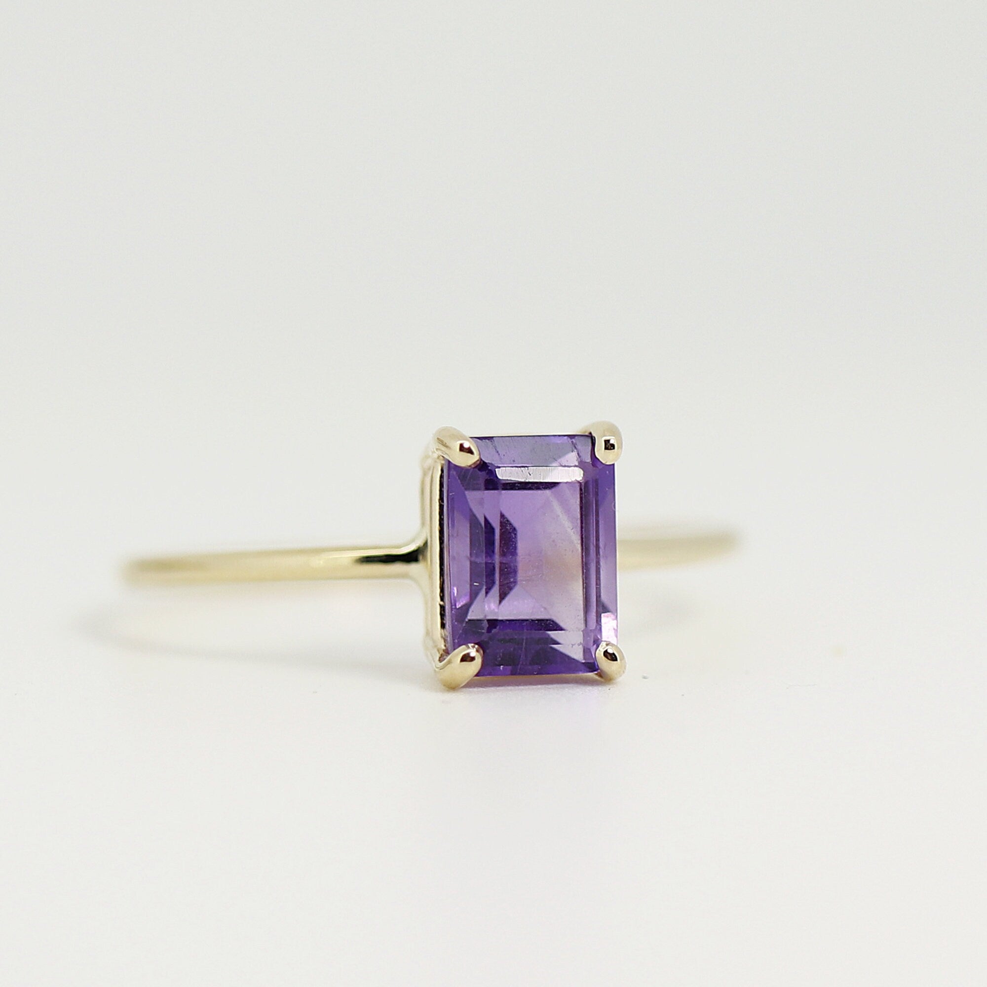 14k Gold Emerald Cut Amethyst Ring, Amethyst Engagement Ring