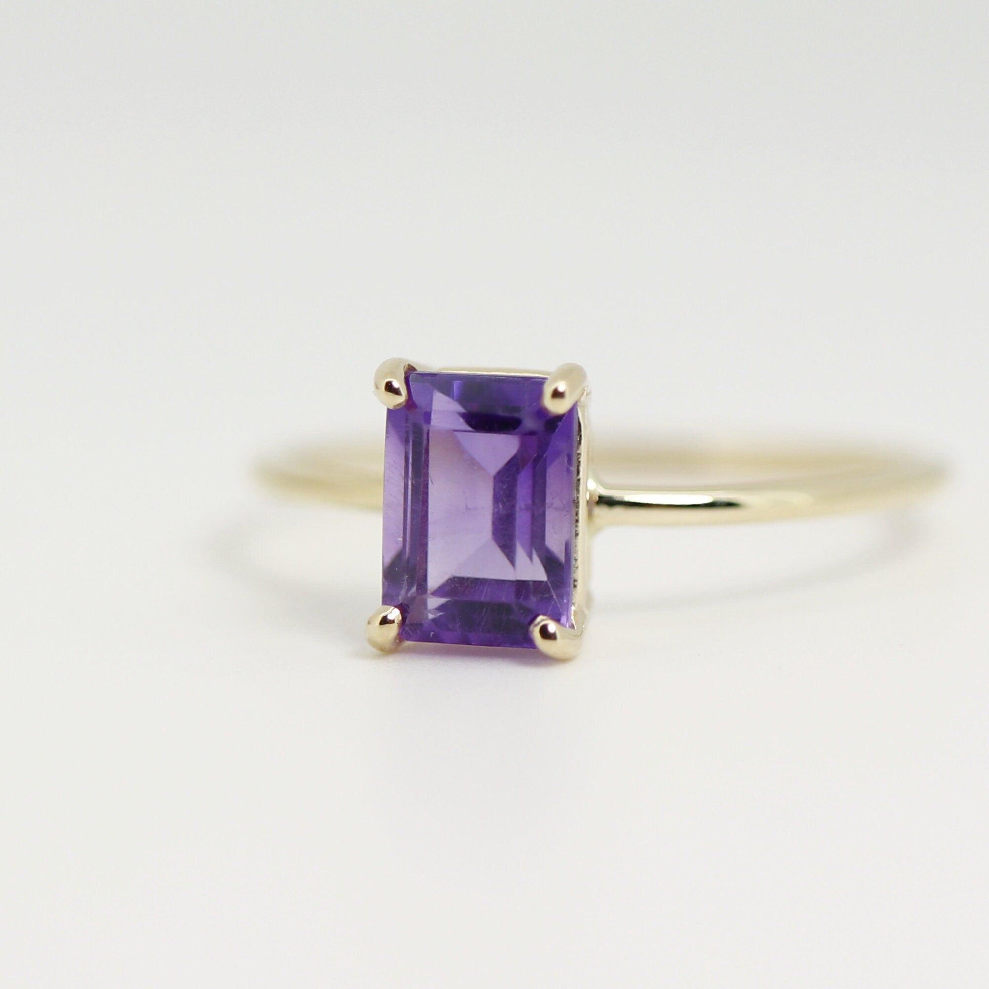 14k Gold Emerald Cut Amethyst Ring, Amethyst Engagement Ring