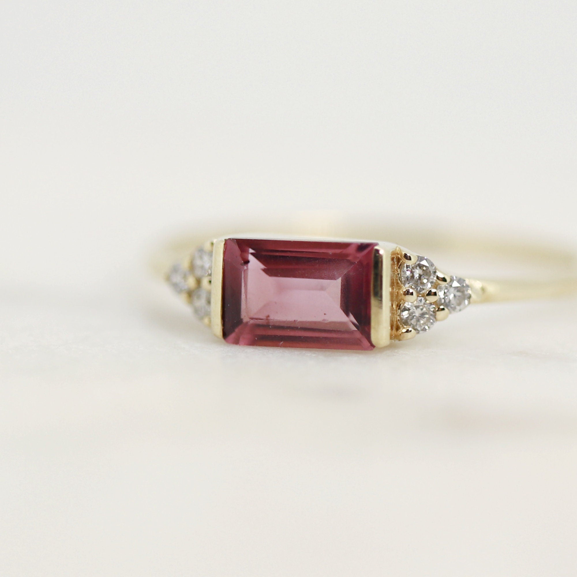 Pink Baguette Tourmaline &amp; Diamond Ring, Art Deco Minimalist Ring