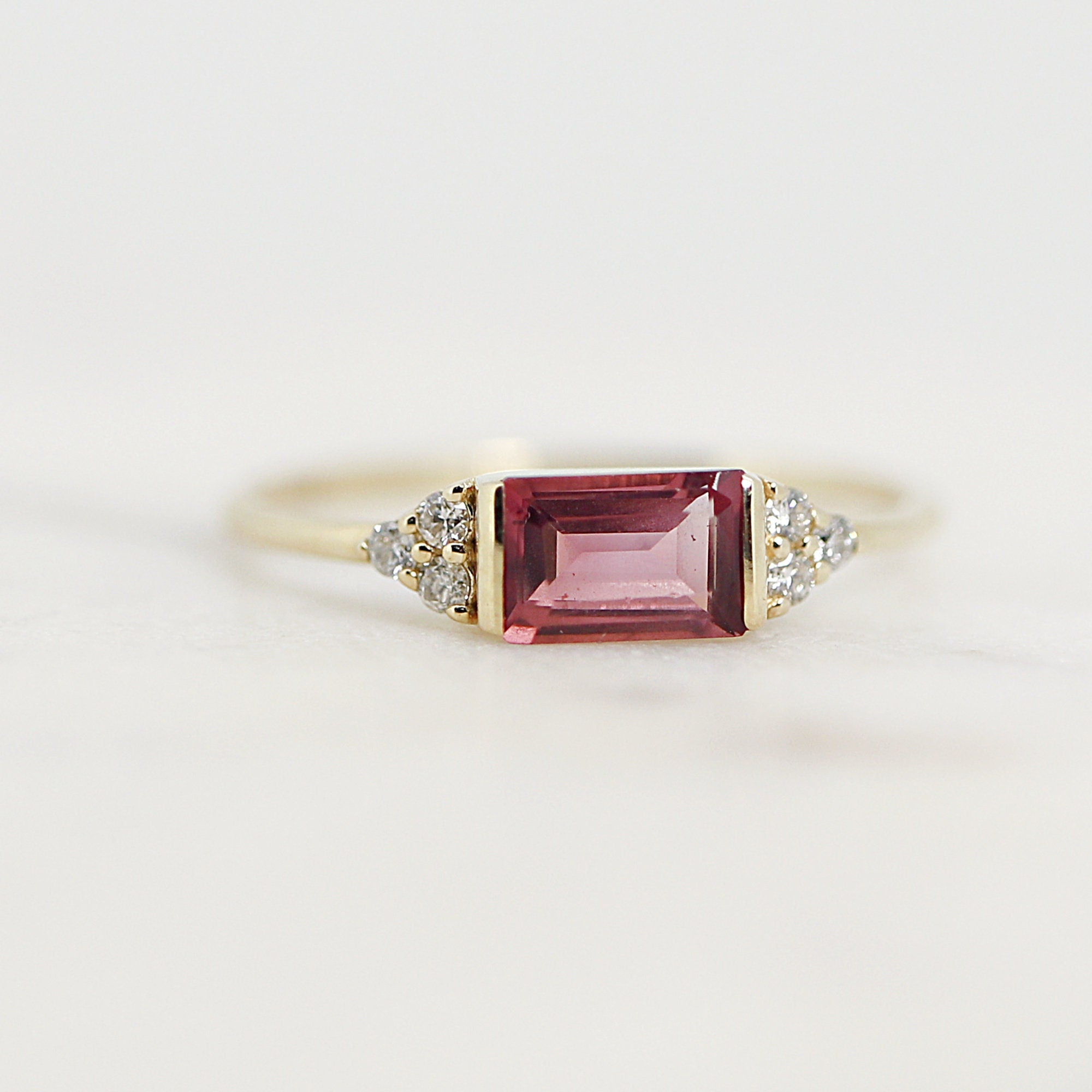 Pink Baguette Tourmaline &amp; Diamond Ring, Art Deco Minimalist Ring