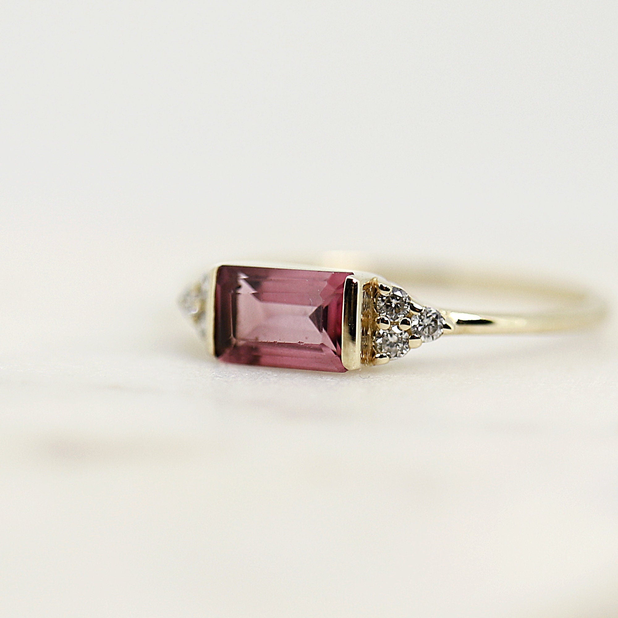 Baguette Pink Tourmaline & Diamond Art Deco Ring - Melt'm Jewelry