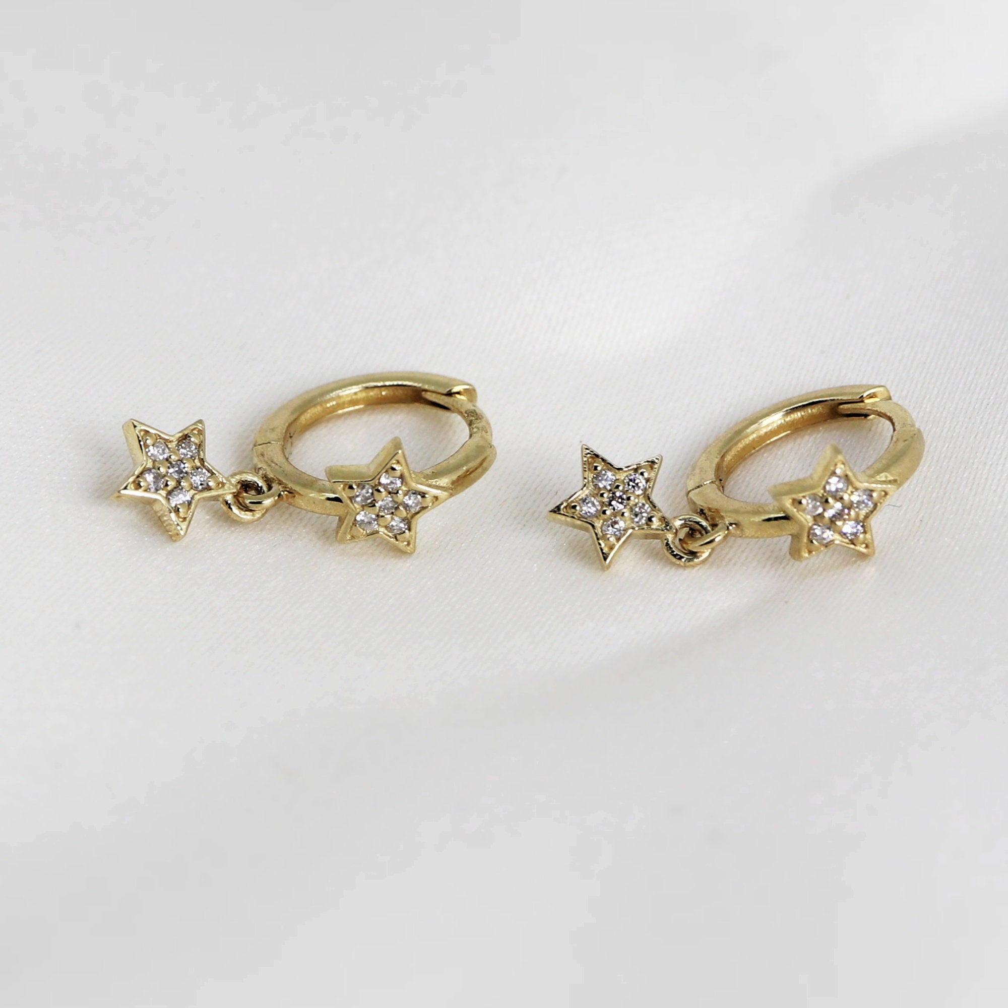 Diamond Star Huggie Hoop Earrings Dangling in 14k Gold (SINGLE OR PAIR) - Melt'm Jewelry
