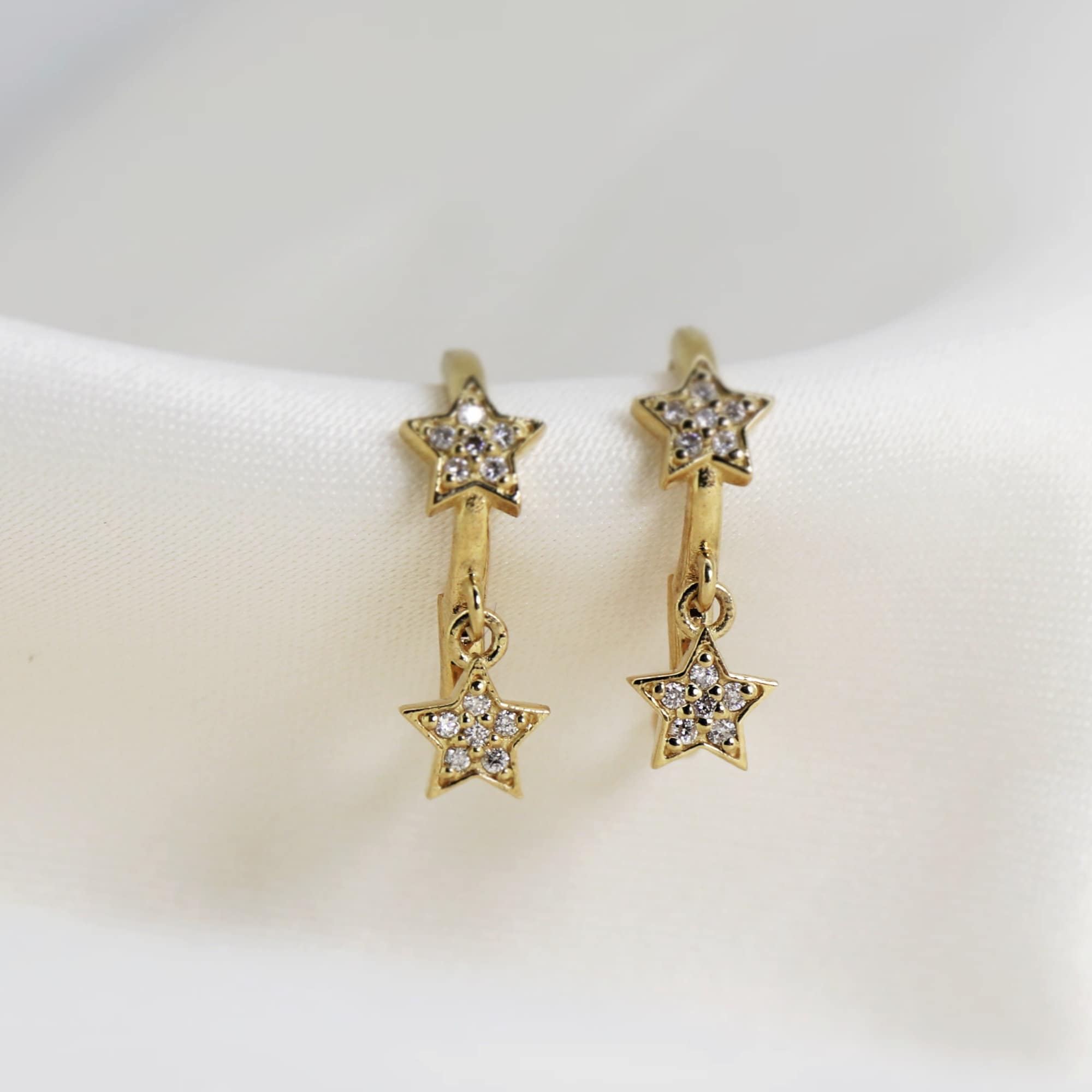 Diamond Star Huggie Hoop Earrings Dangling in 14k Gold (SINGLE OR PAIR) - Melt'm Jewelry