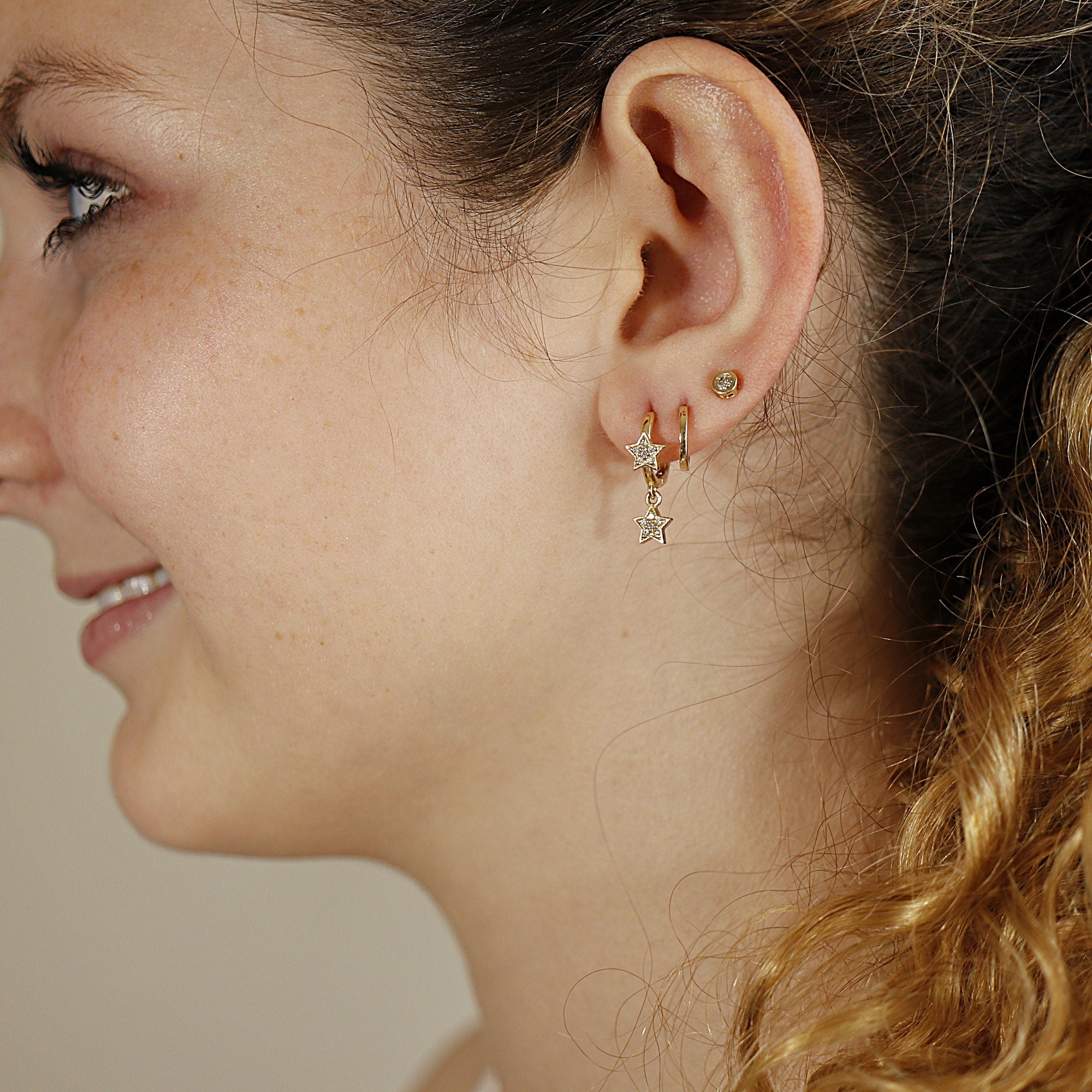 Diamond Star Huggie Hoop Earrings Dangling in 14k Gold (SINGLE OR PAIR) - Melt'm Jewelry