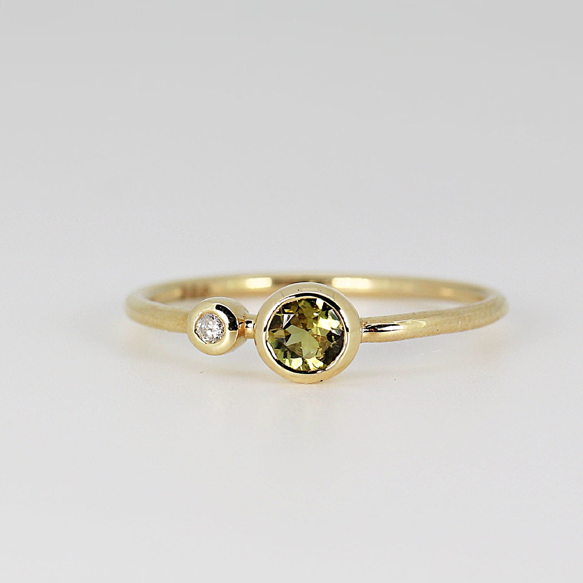 Diamond &amp; Green Tourmaline Ring 14k Gold, Two Birthstone Ring