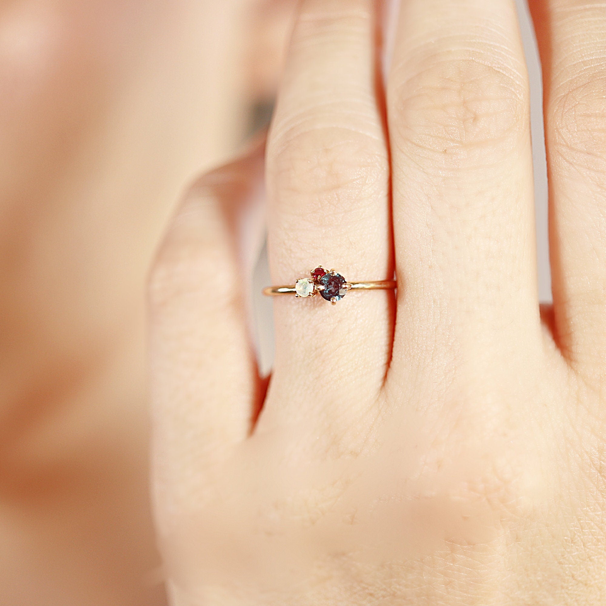 Dainty Cluster Ring, Gemstone Promise Ring with Alexandrite, Opal, Ruby