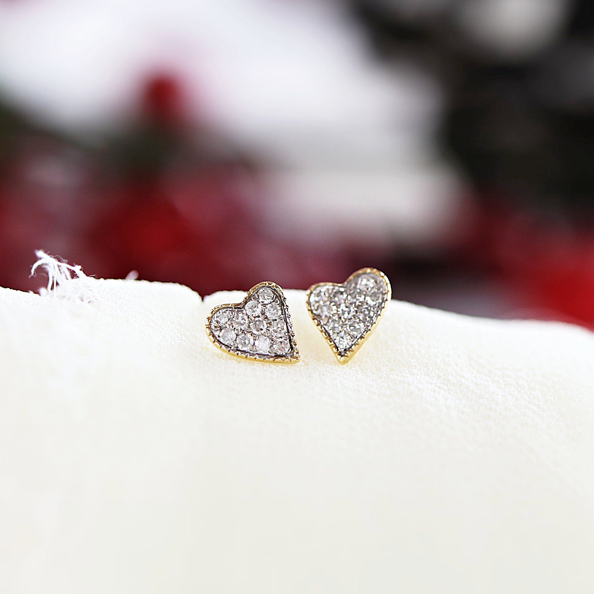 Cute Diamond Heart Earrings, 14k Solid Gold Diamond Screw Studs