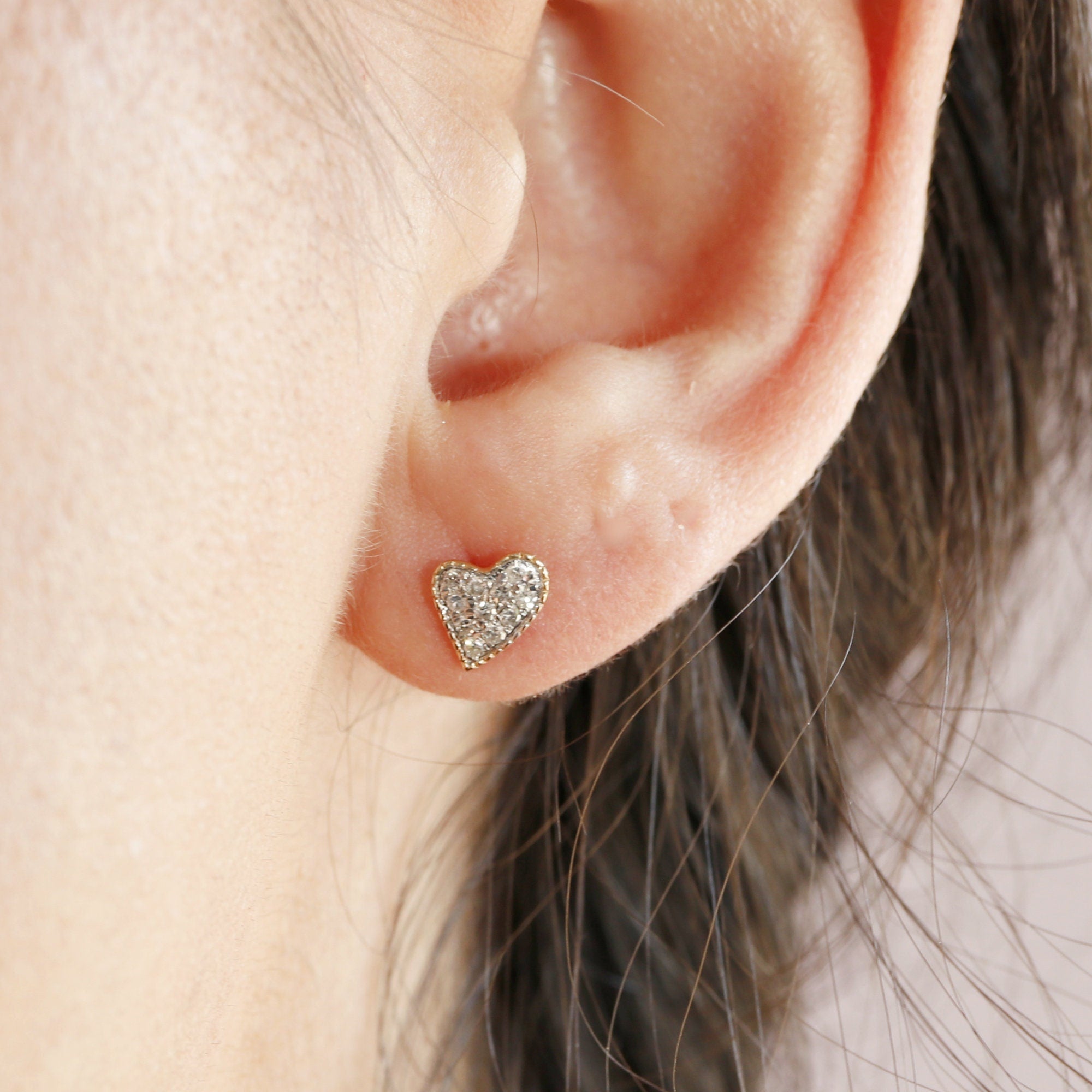 Cute Diamond Heart Earrings, 14k Solid Gold Diamond Screw Studs