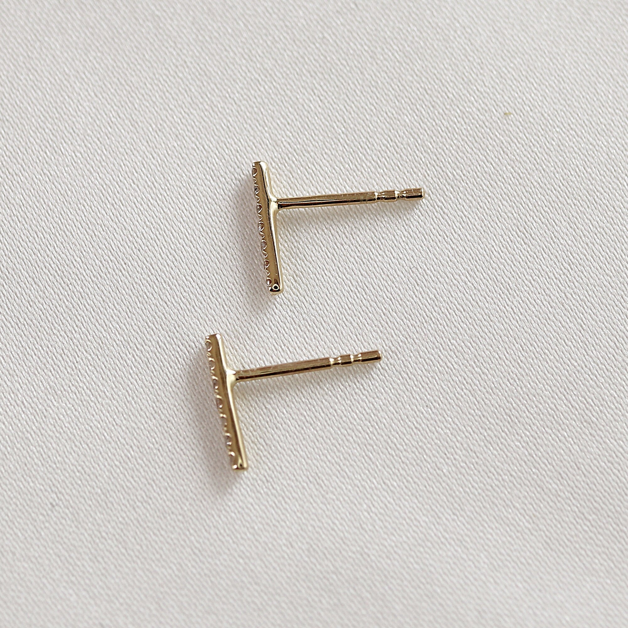 Diamond Bar Earrings, 14k Solid Gold Earrings