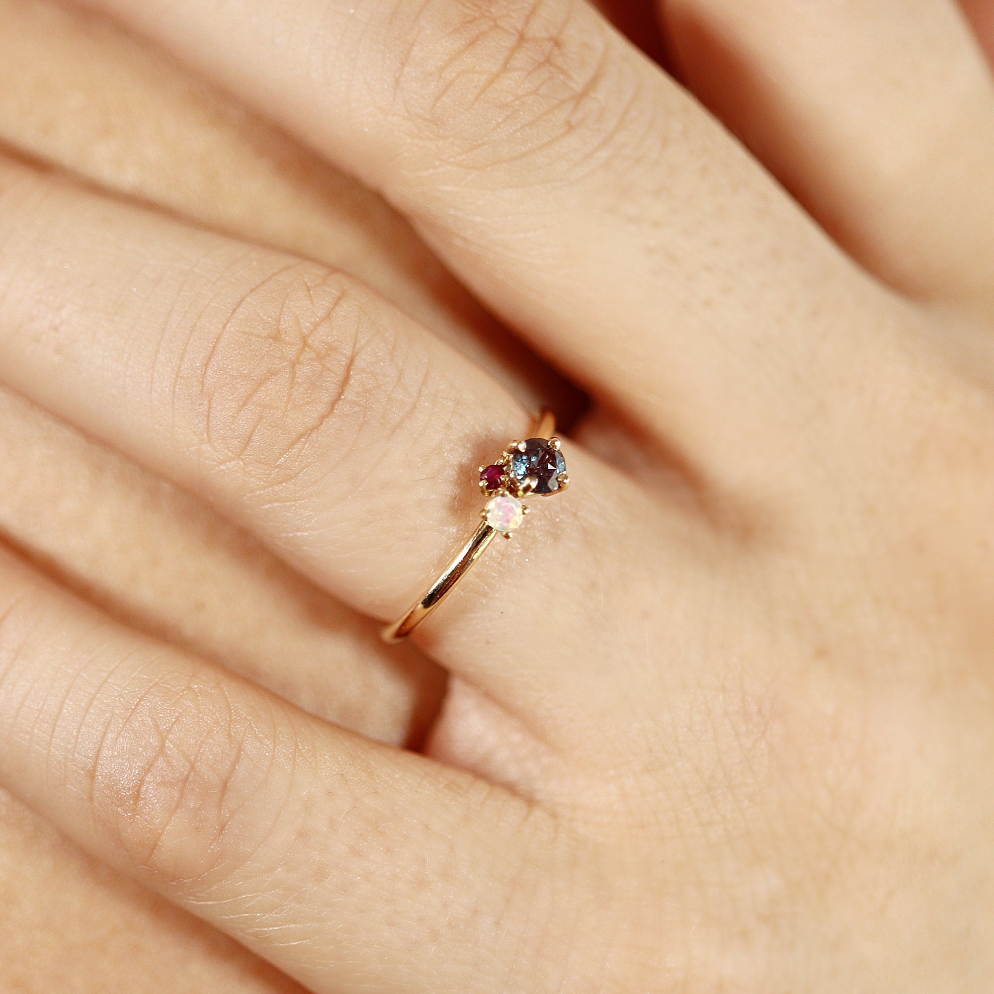 Dainty Cluster Gemstone Promise Ring with Alexandrite, Opal, Ruby - Melt'm Jewelry