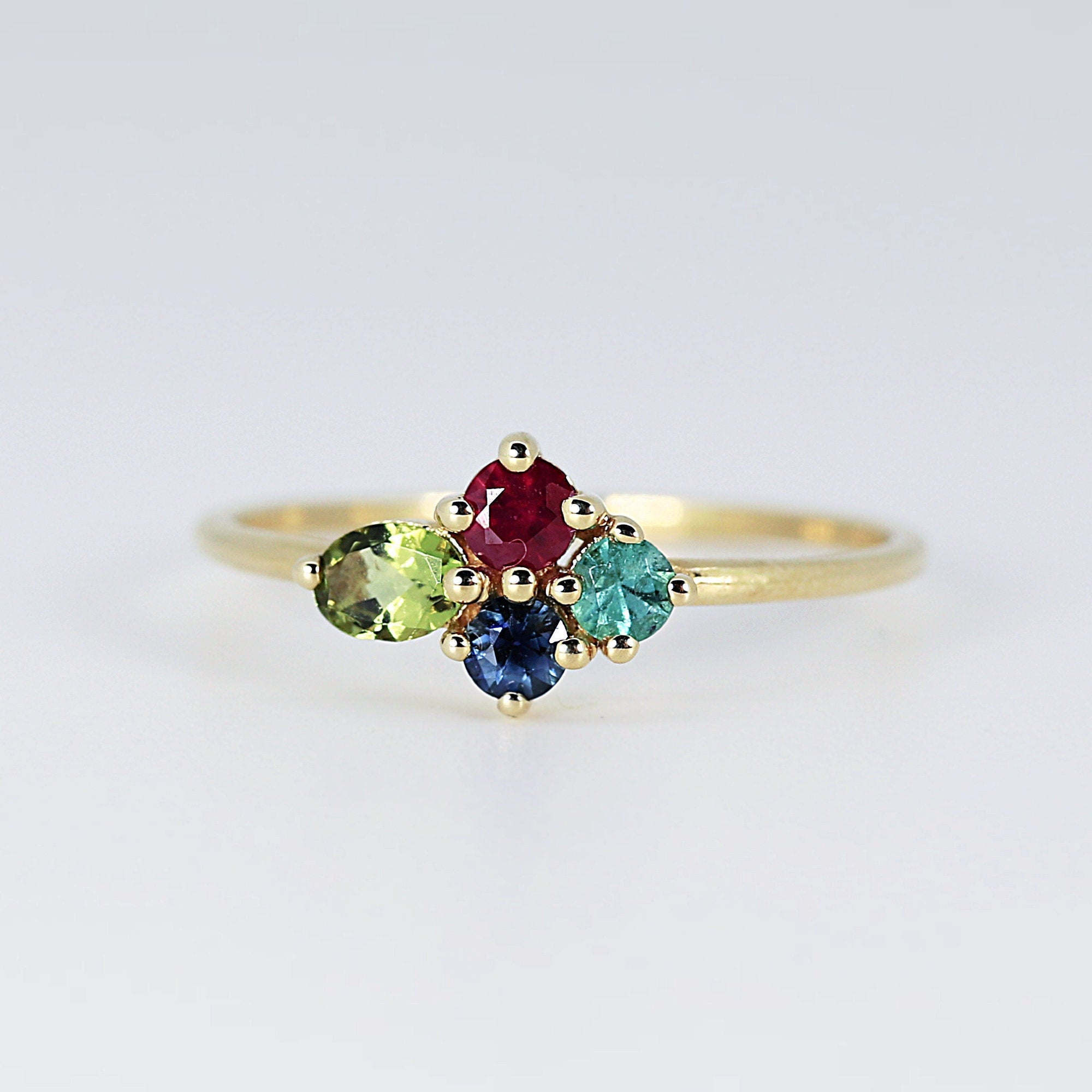 Four Stones Cluster Ring, Peridot Cluster Ring, Multi Gemstone Ring - Melt'm Jewelry