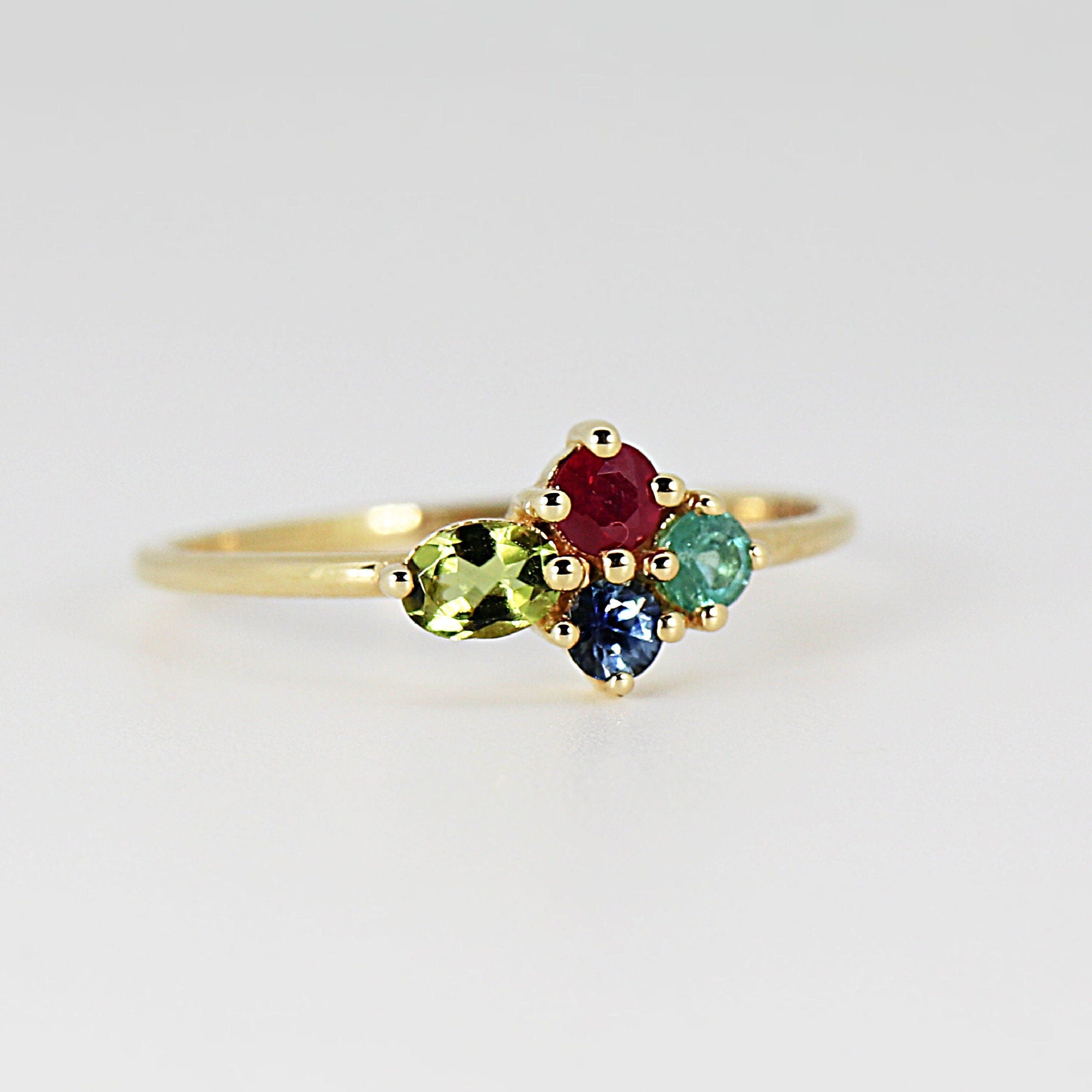 Four Stones Cluster Ring, Peridot Cluster Ring, Multi Gemstone Ring