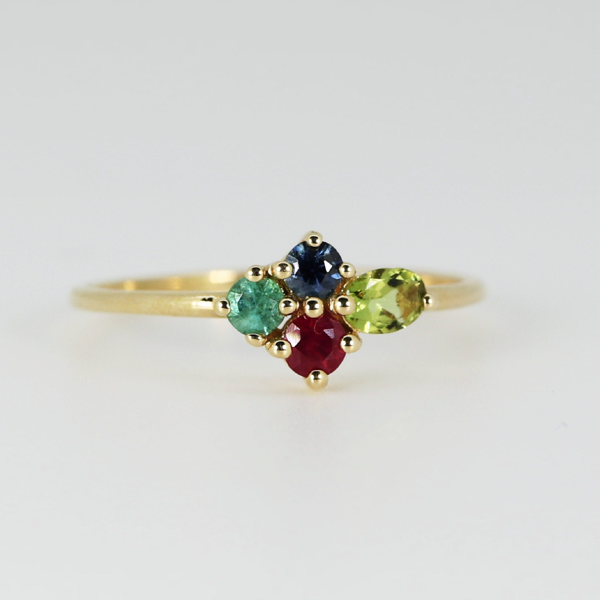 Four Stones Cluster Ring, Peridot Cluster Ring, Multi Gemstone Ring - Melt'm Jewelry