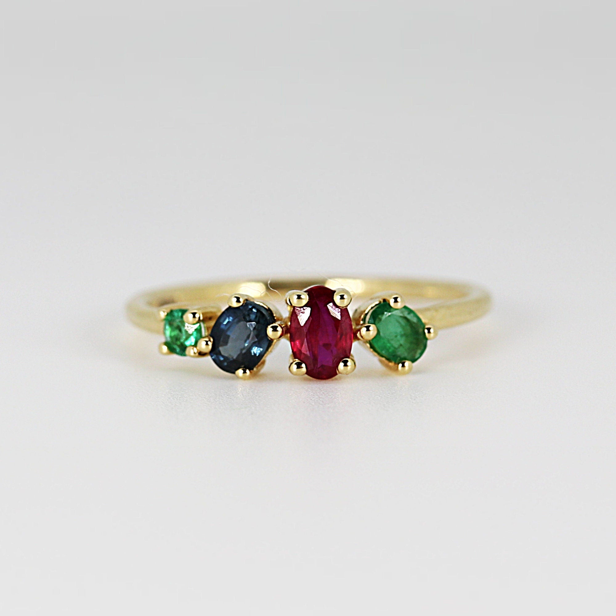 14k Gold Cluster Ring, Multi Gemstone - Sapphire & Emerald & Ruby