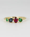 14k Gold Cluster Ring, Multi Gemstone - Sapphire & Emerald & Ruby