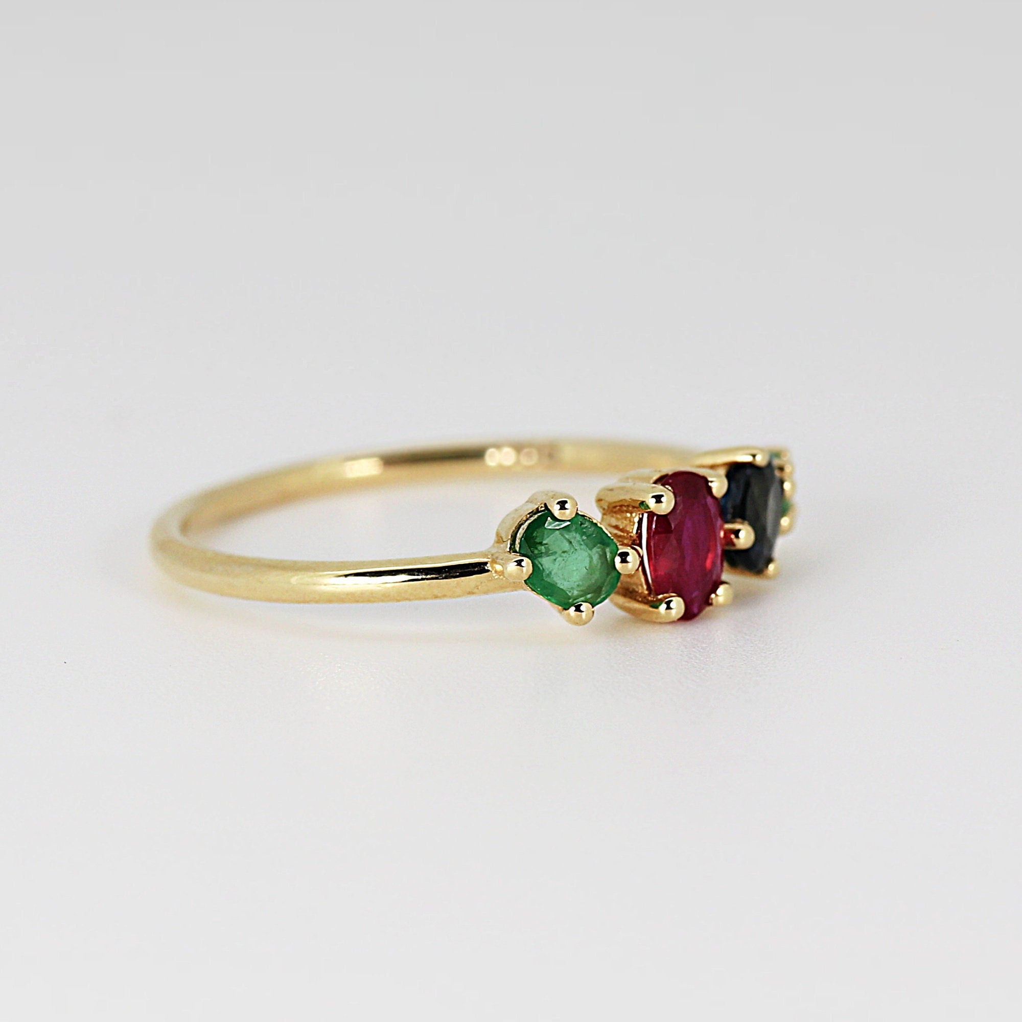 14k Gold Cluster Ring, Multi Gemstone - Sapphire &amp; Emerald &amp; Ruby