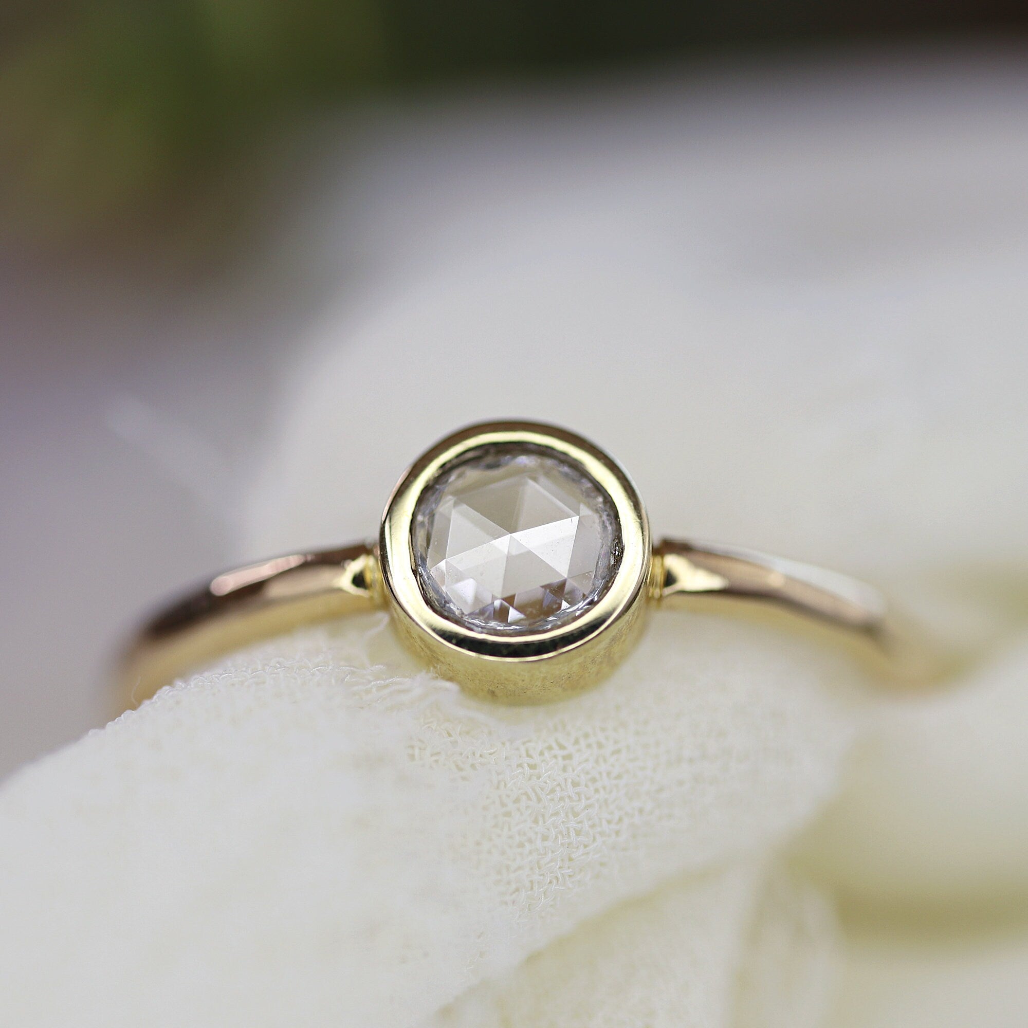 Round Rose Cut Clear Diamond Ring,