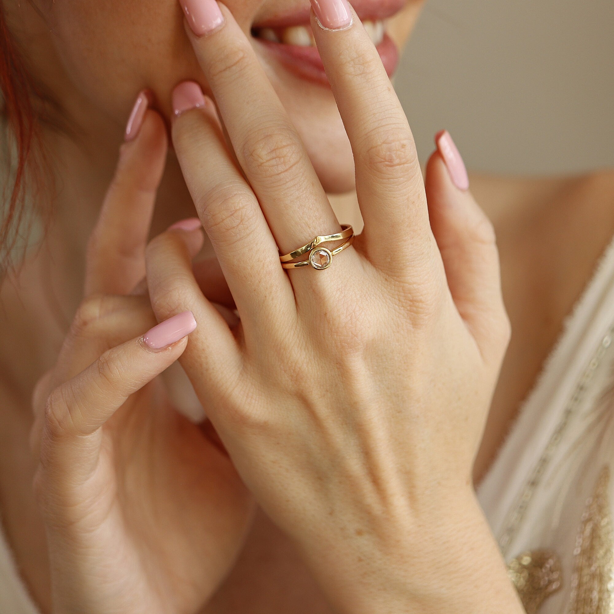 Round Rose Cut Clear Diamond Ring,