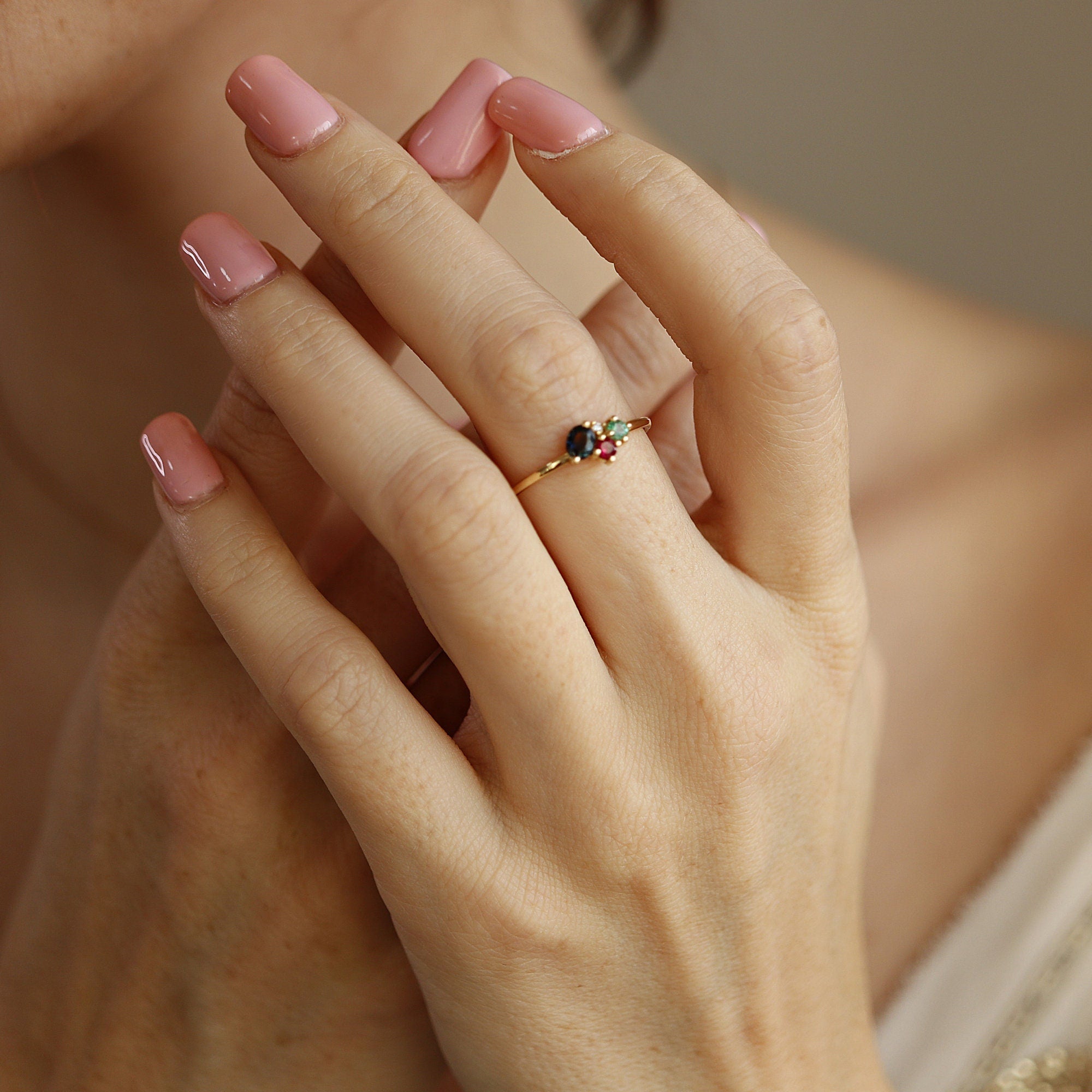 Four Stones Cluster Ring, Sapphire Cluster Ring, Multi Gemstone Ring - Melt'm Jewelry