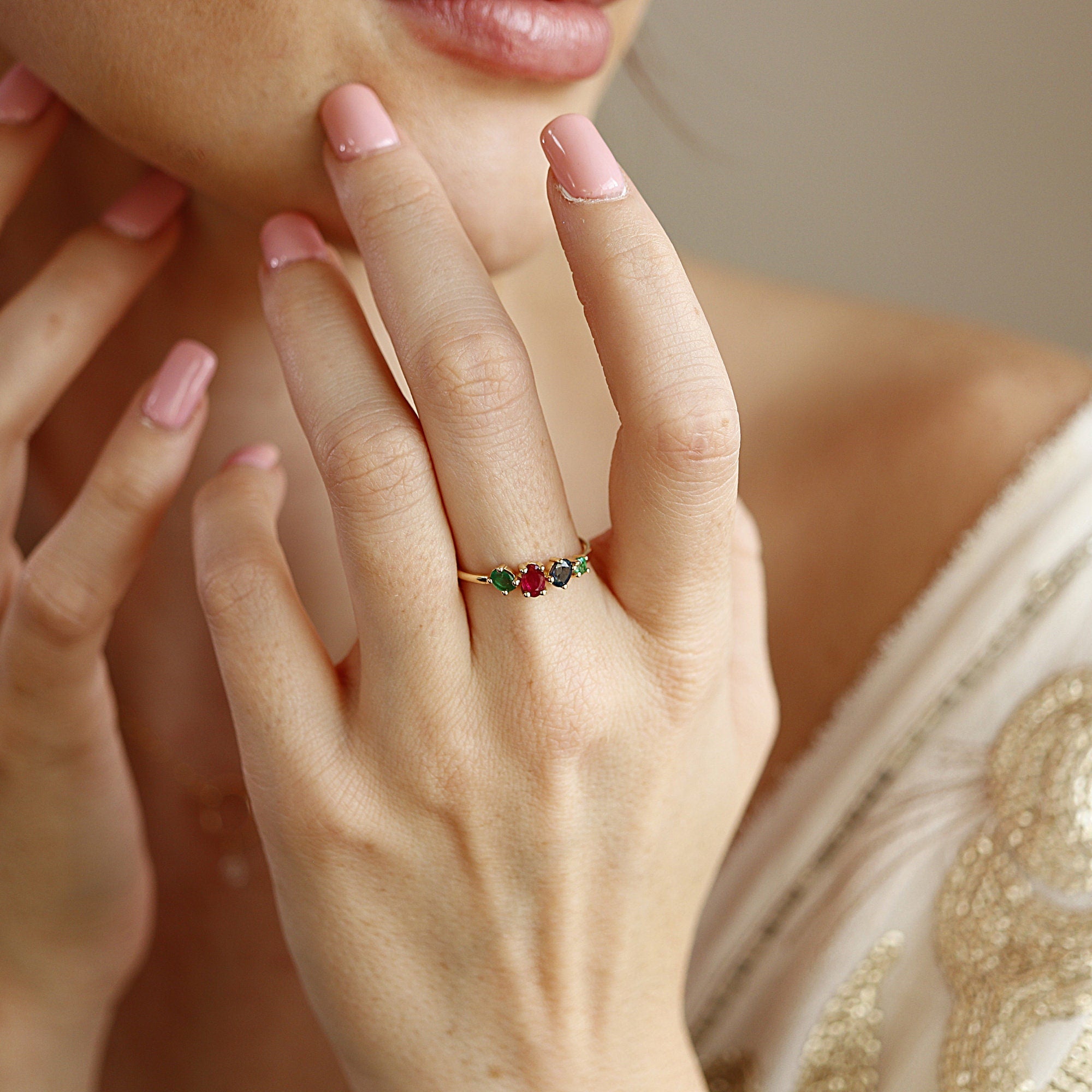 14k Gold Cluster Ring, Multi Gemstone - Sapphire & Emerald & Ruby