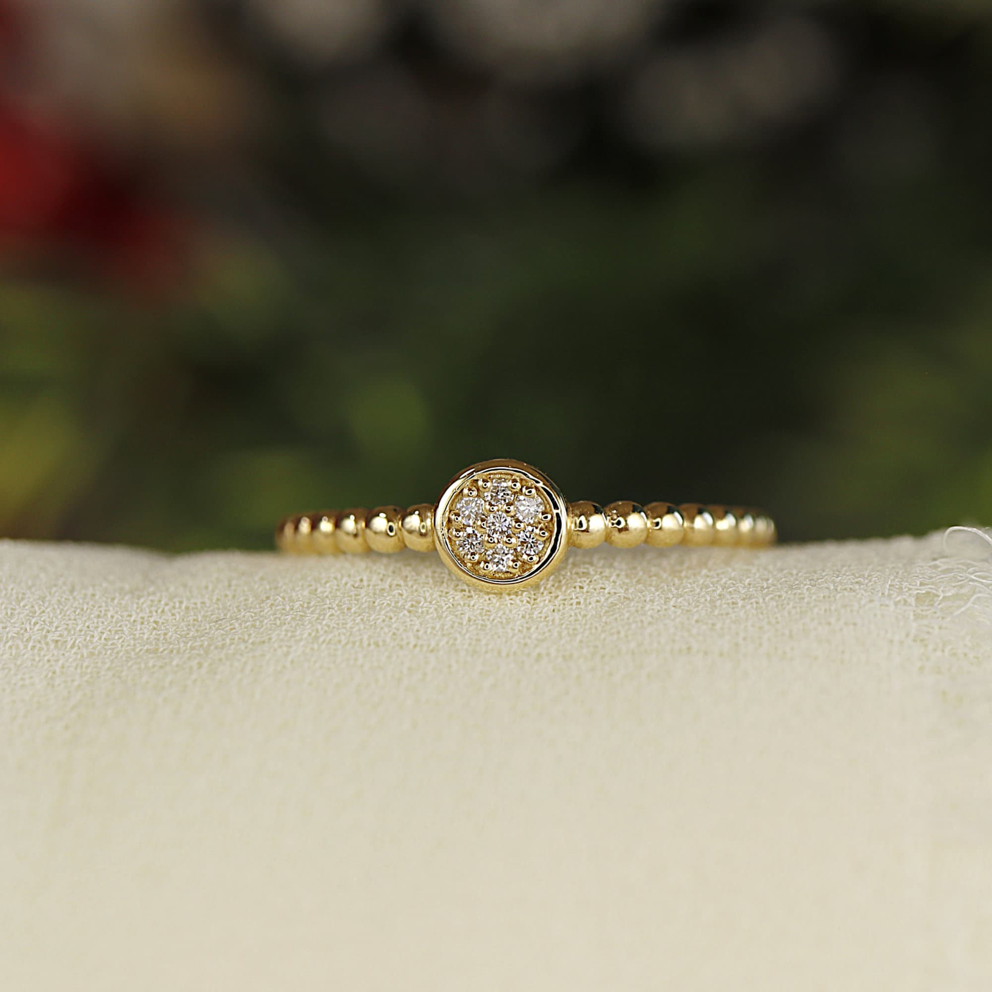 Diamond Disc Ring, 14k Solid Gold Pave Diamond Ring