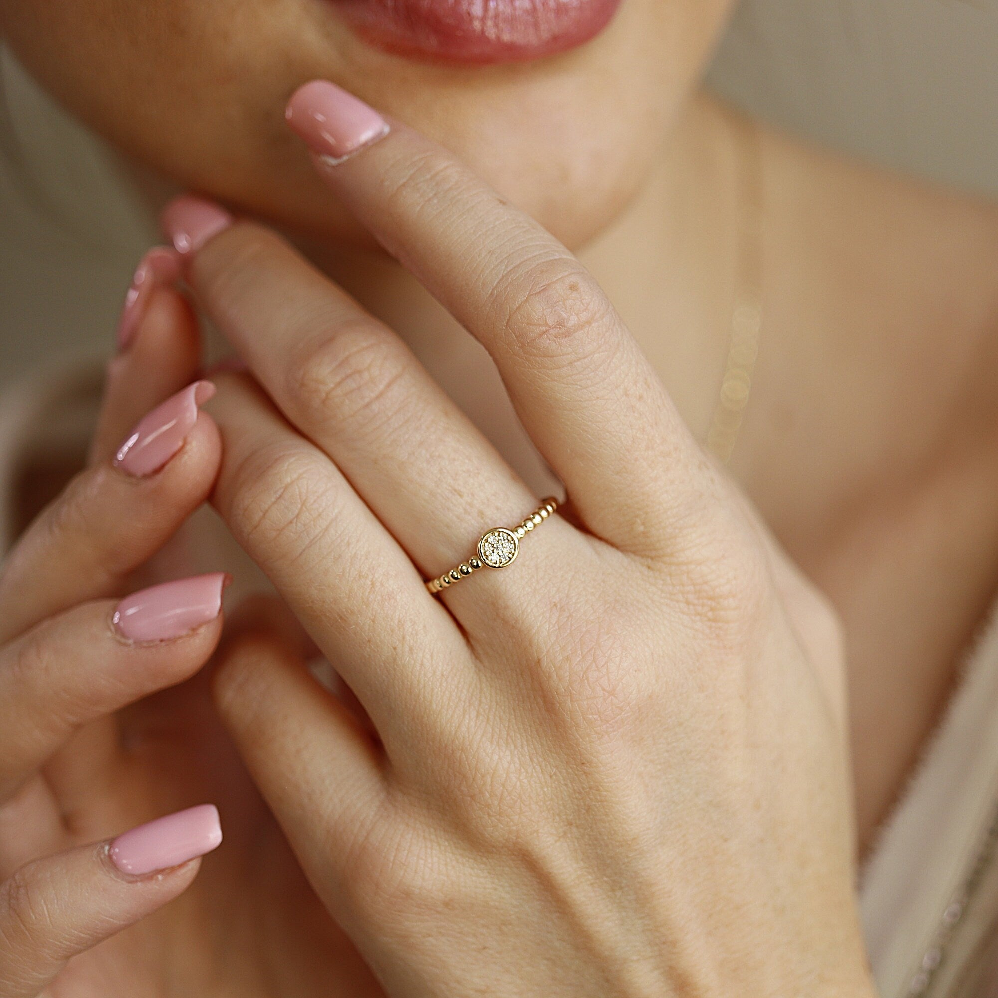 Diamond Disc Ring, 14k Solid Gold Pave Diamond Ring