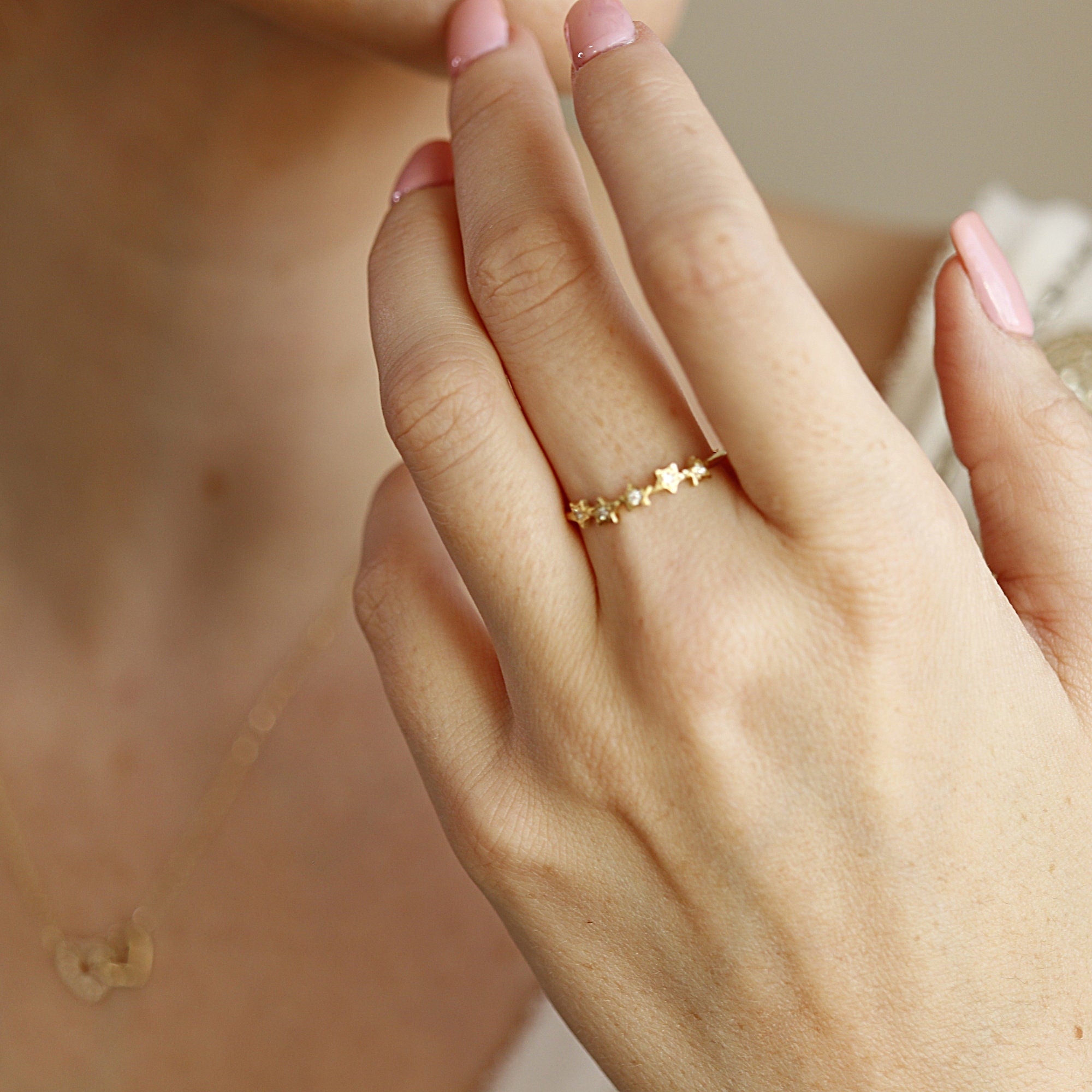 Diamond Star Ring 14k Gold – Five Star Celestial Wedding Band, Natural Diamond Stacking Ring, Dainty Gold Star Band Gift for Her - Melt'm Jewelry