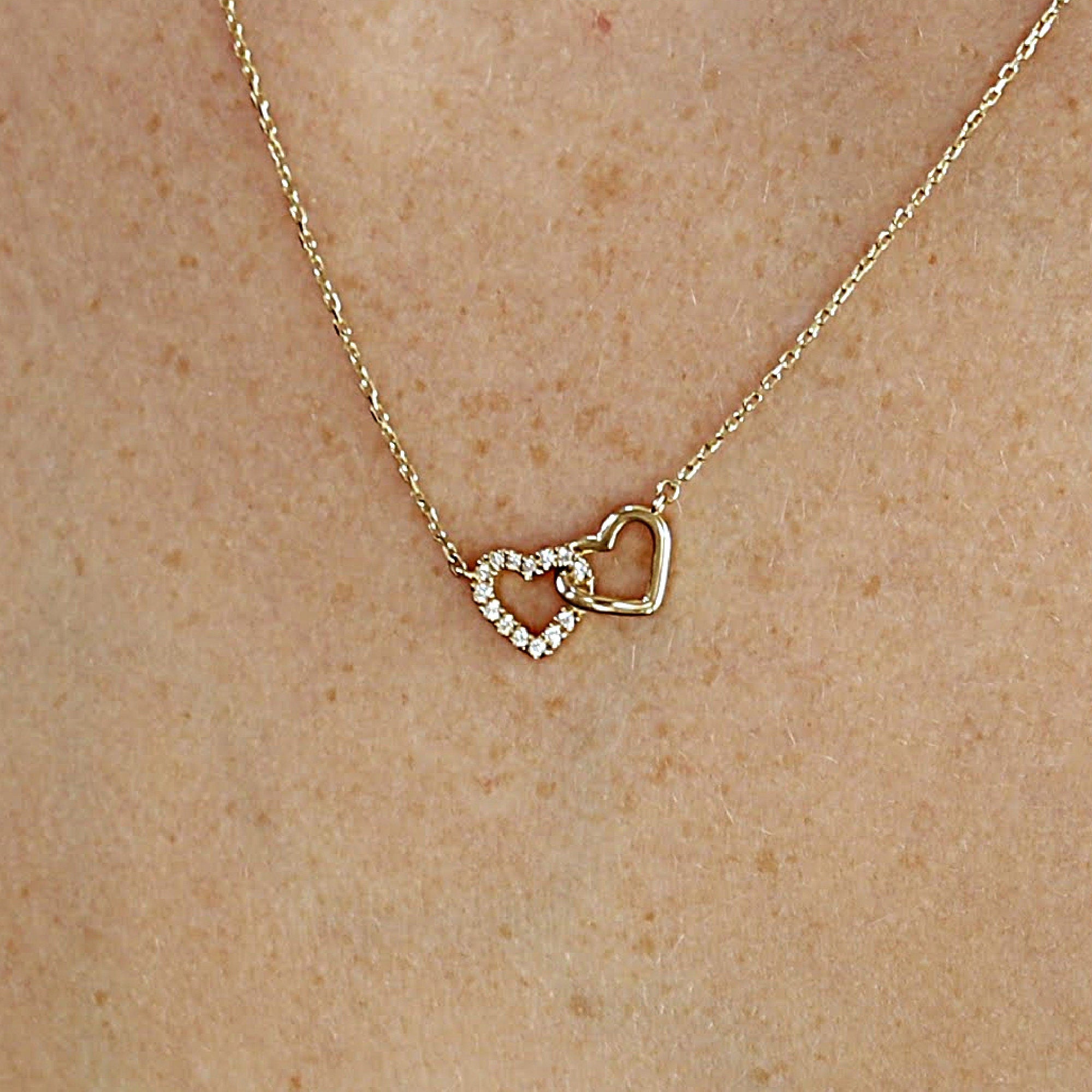 14k Gold Diamond Interlocking Two Hearts Necklace