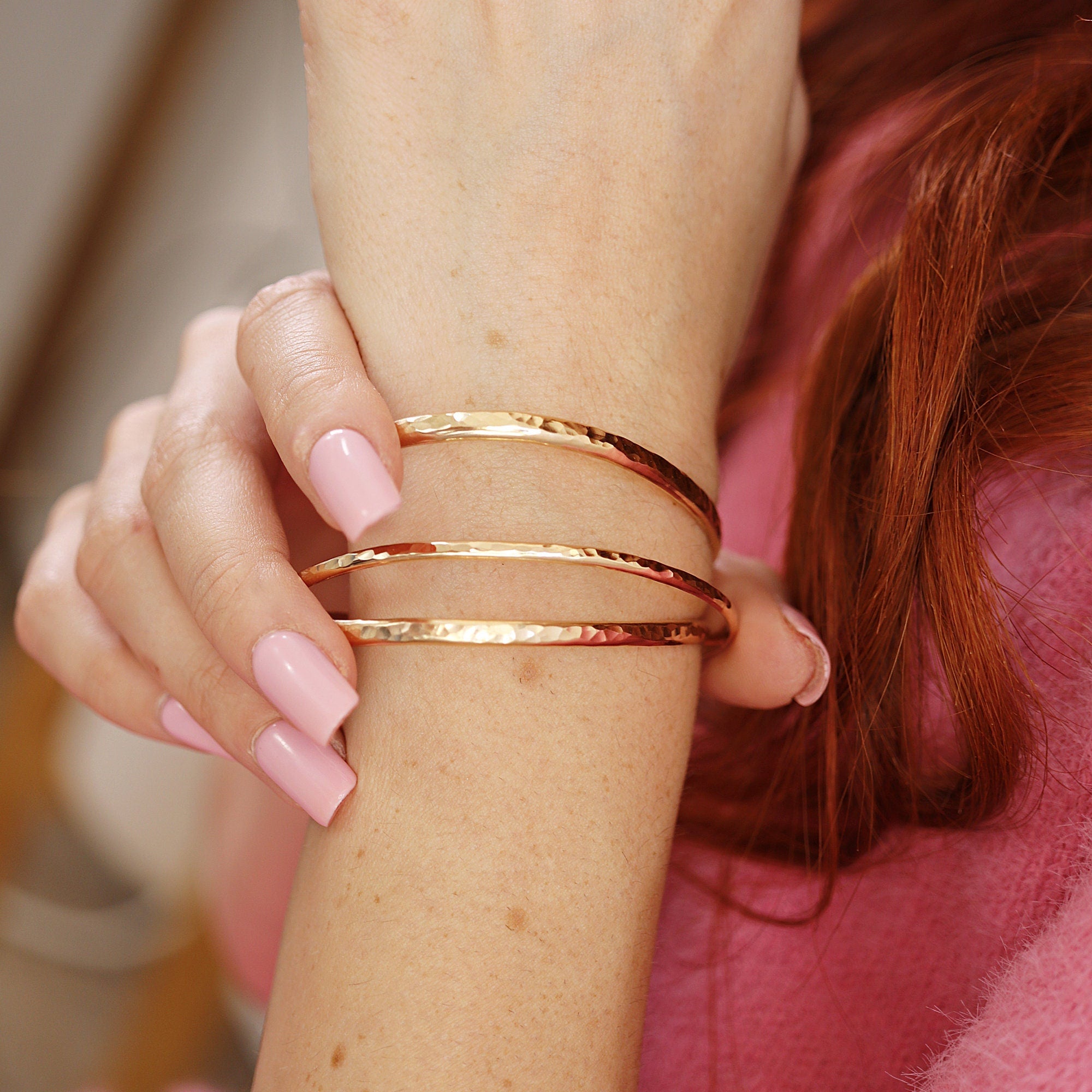 Gold Open Cuff Bracelet - Thick Hammered Gold Filled Bangles