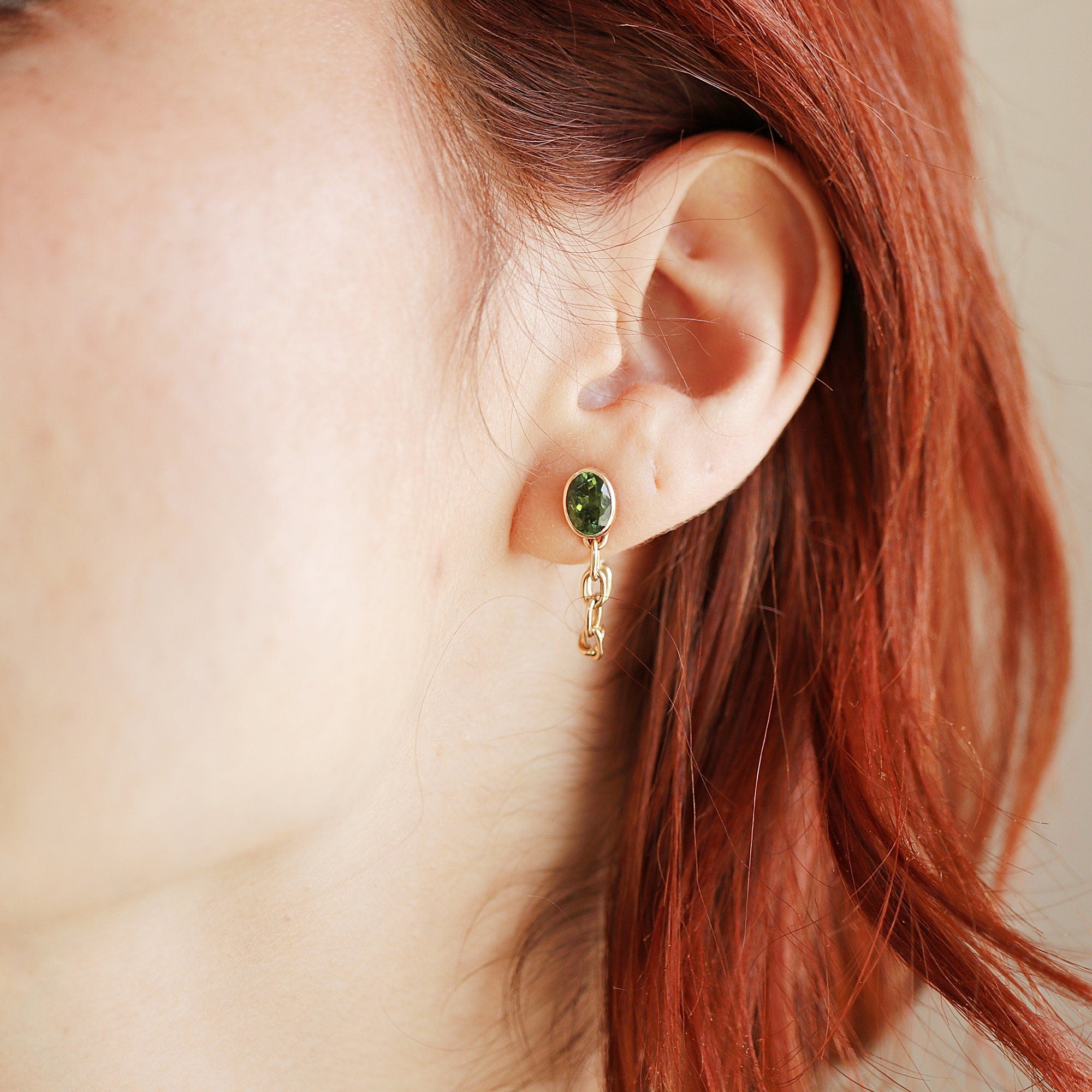 14k Solid Gold Green Tourmaline Chain Earrings - Melt'm Jewelry