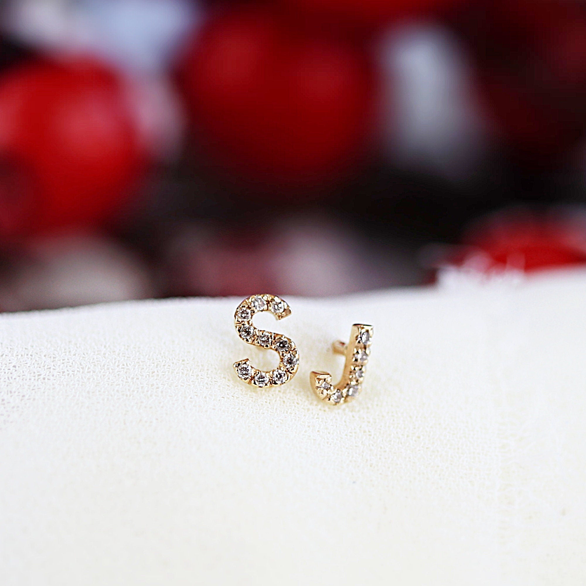 Diamond Initials Stud Earrings in 14k Gold (SINGLE or PAIR) - Melt'm Jewelry