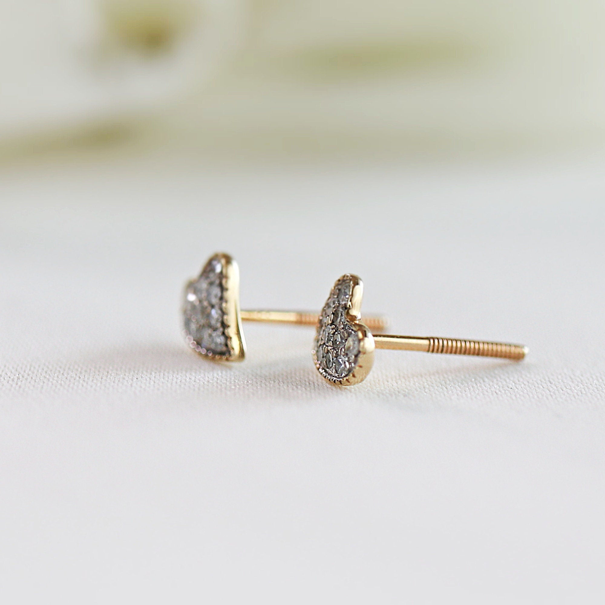 Cute Diamond Heart Earrings, 14k Solid Gold Diamond Screw Studs