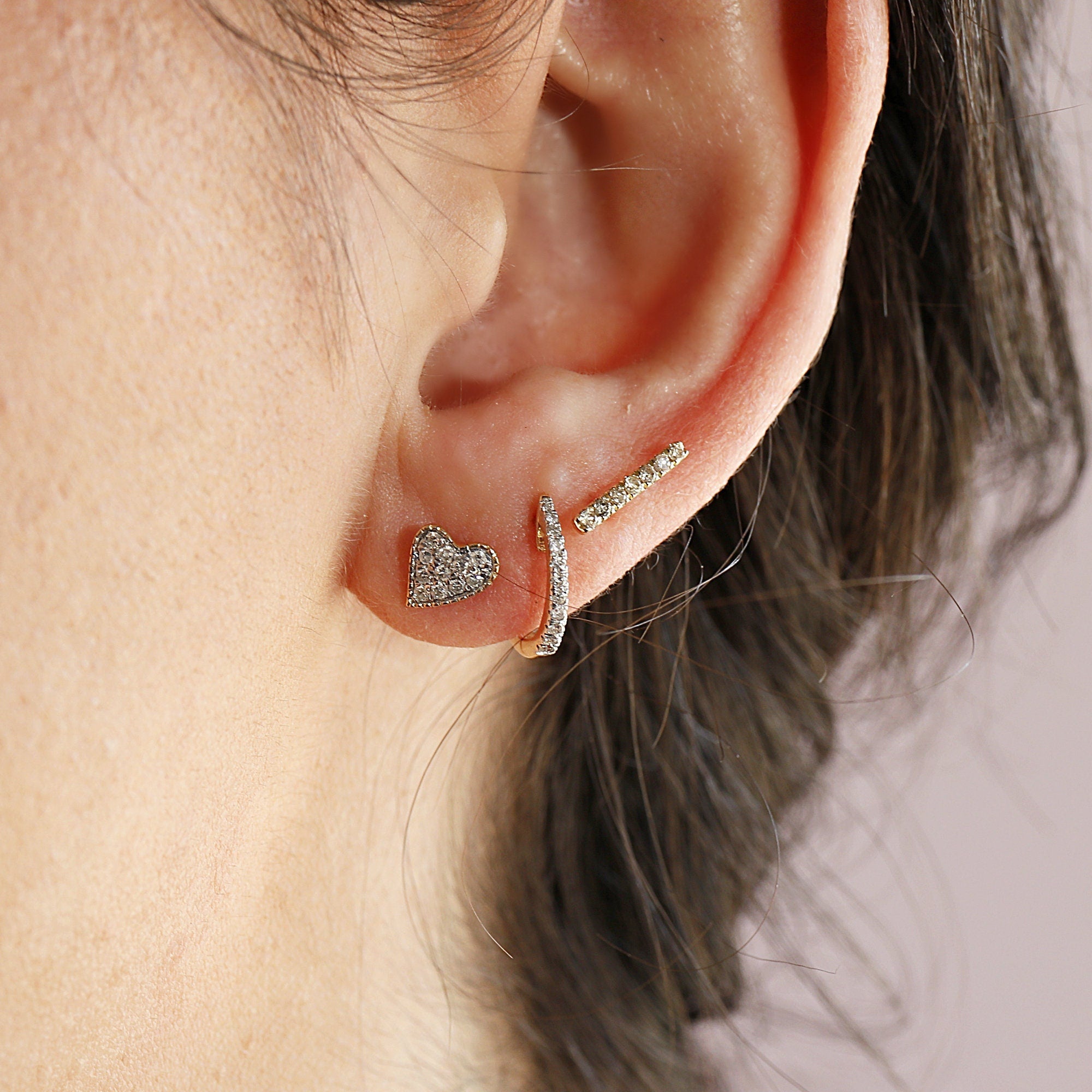 Cute Diamond Heart Earrings, 14k Solid Gold Diamond Screw Studs