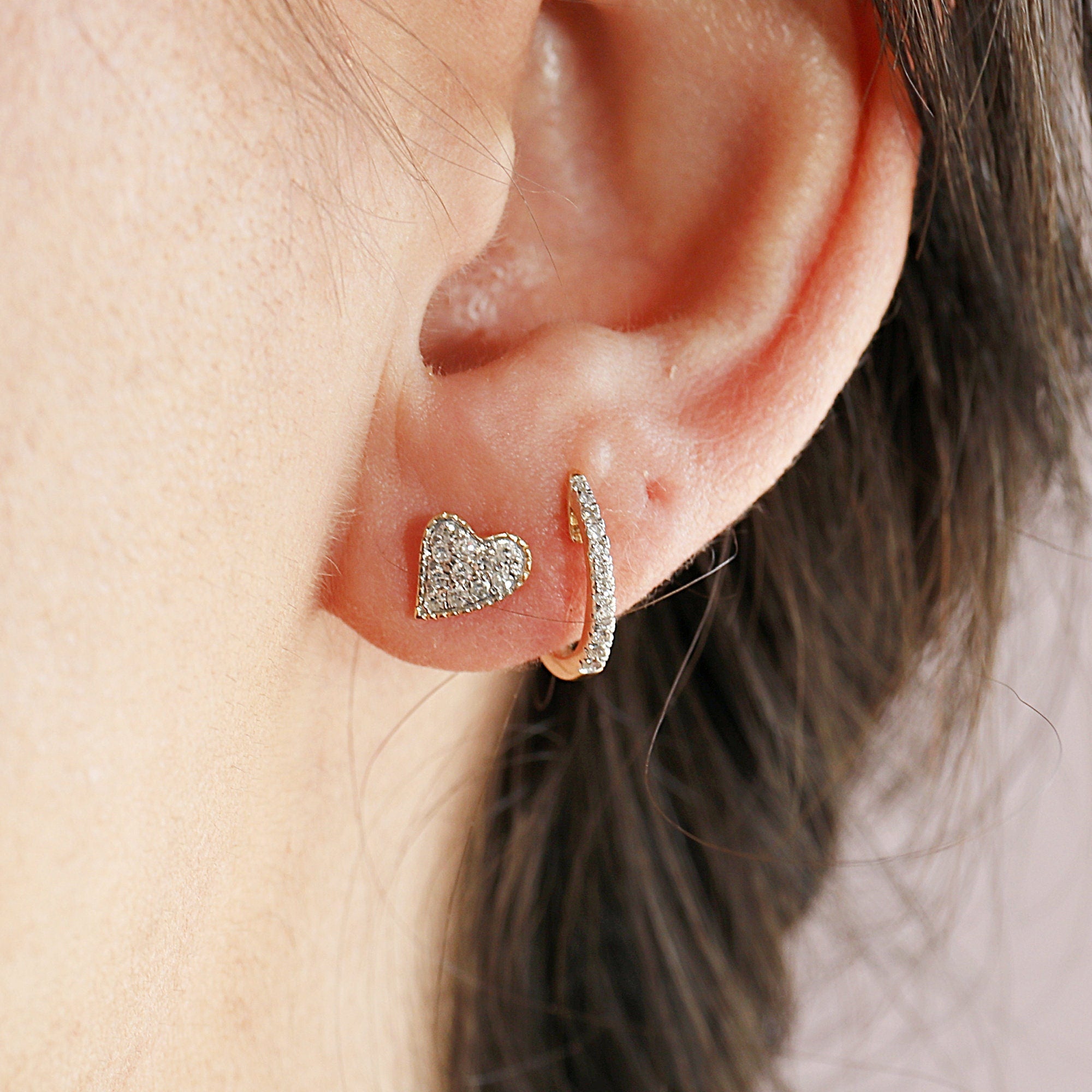 Cute Diamond Heart Earrings, 14k Solid Gold Diamond Screw Studs