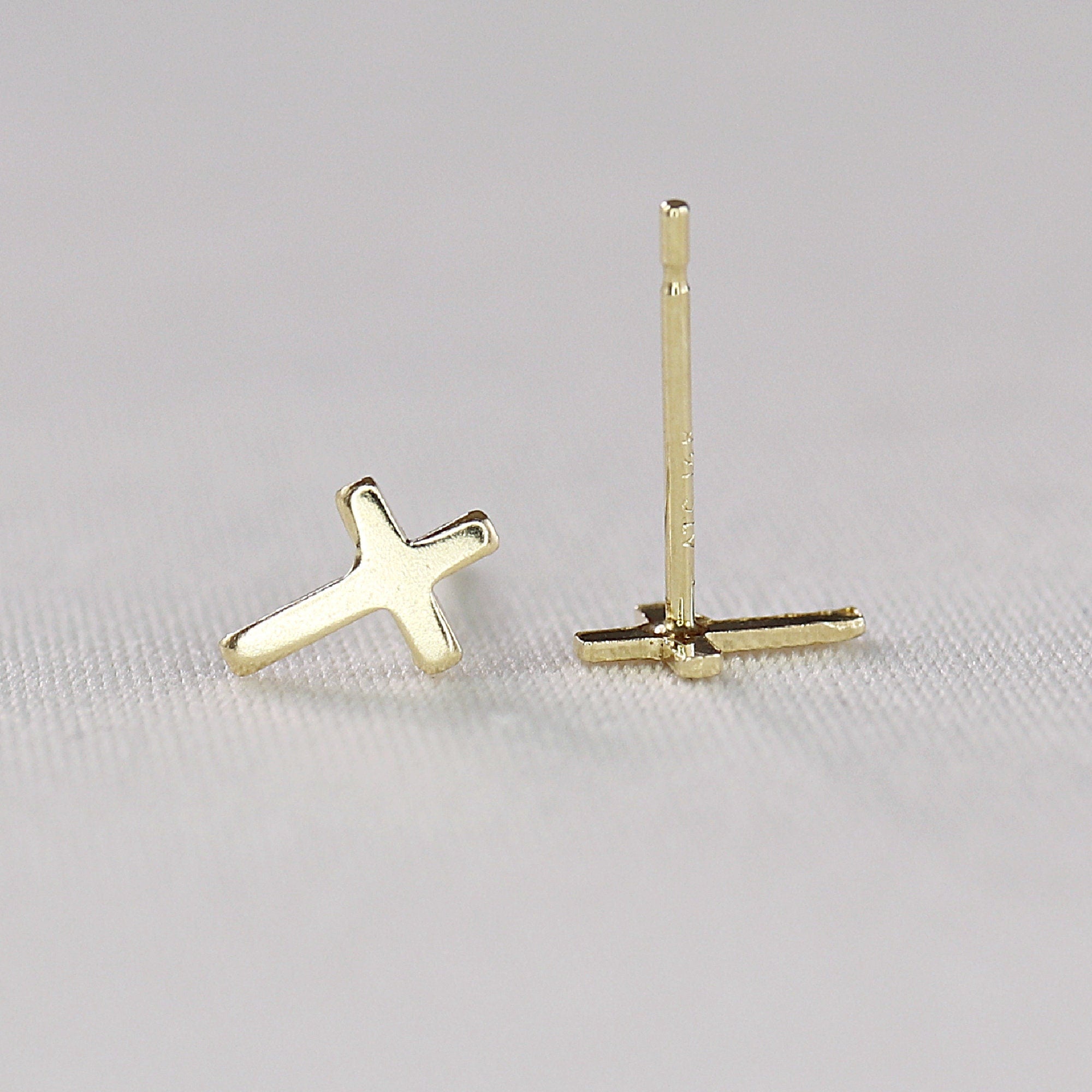 14k Solid Gold Cross Stud Earrings (SINGLE OR PAIR)