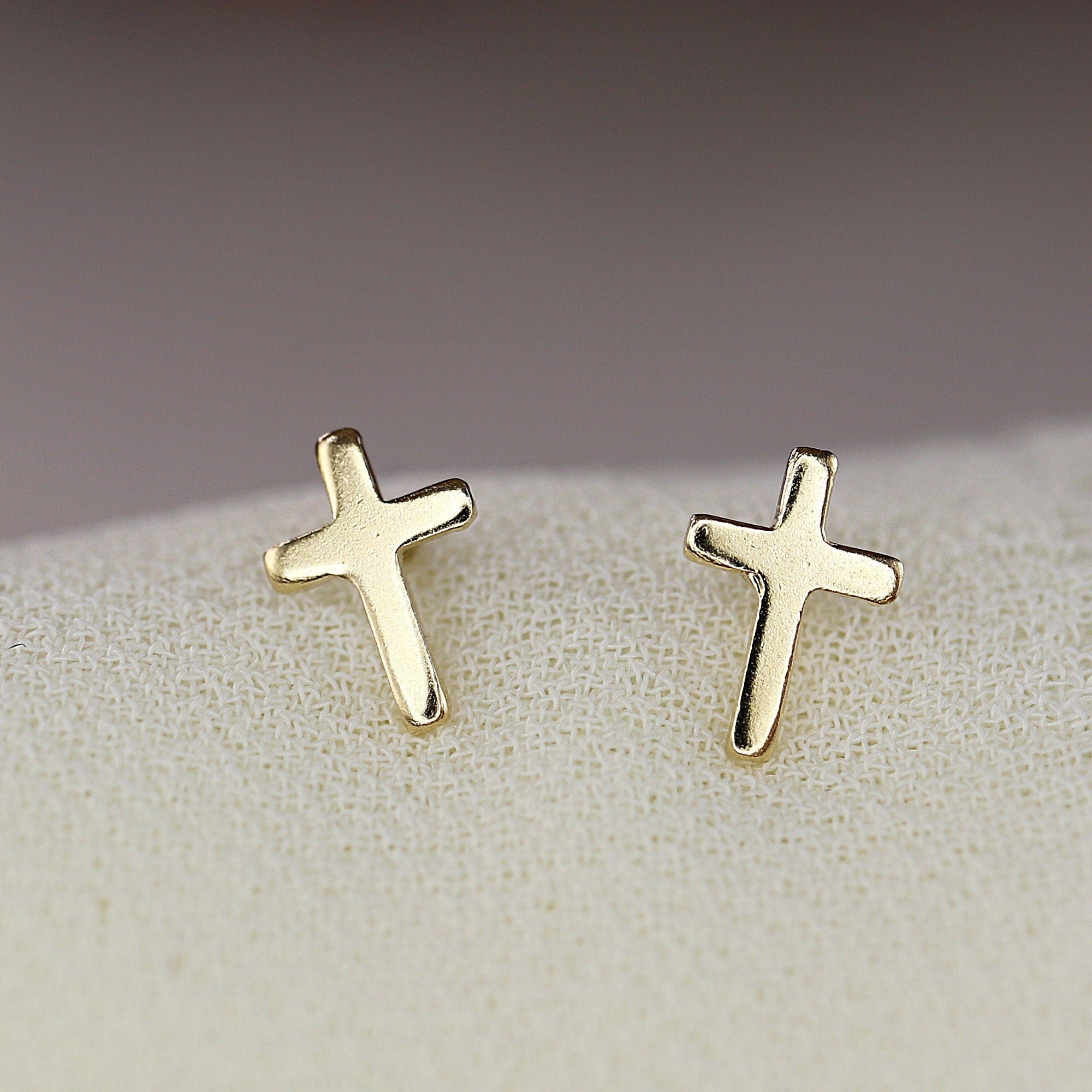 14k Solid Gold Cross Stud Earrings (SINGLE OR PAIR)