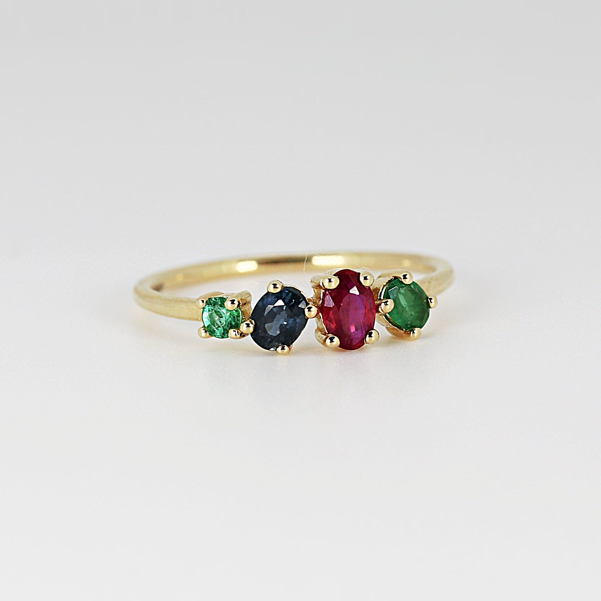 14k Gold Cluster Ring, Multi Gemstone - Sapphire &amp; Emerald &amp; Ruby