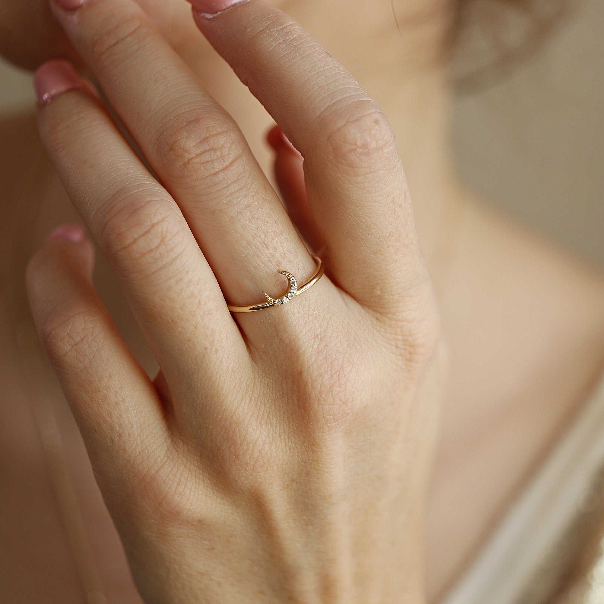 Genuine Diamond Crescent Moon Ring in 14k Gold - Melt'm Jewelry
