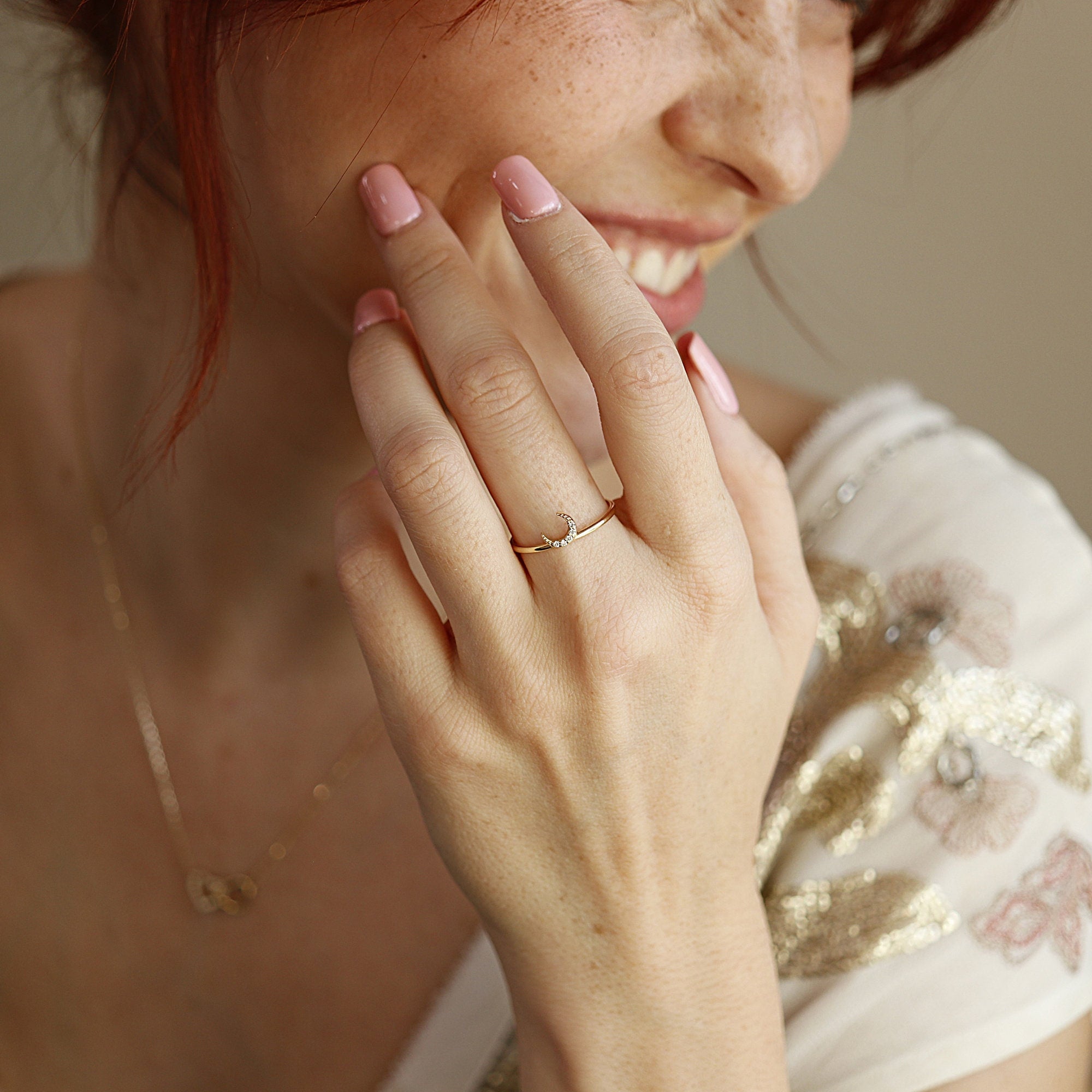 Genuine Diamond Crescent Moon Ring in 14k Gold - Melt'm Jewelry